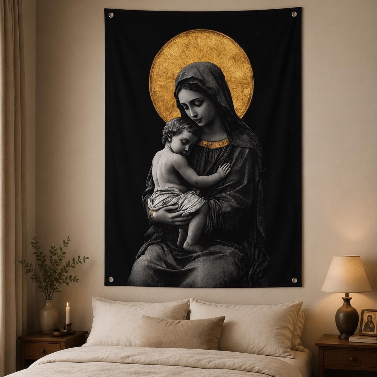 Virgin Mary Tapestry, Catholic Wall Art, Madonna and Child Wall Hanging, Dark Academia Decor, Christian Baptism Gift, Black and Gold Art - image 5