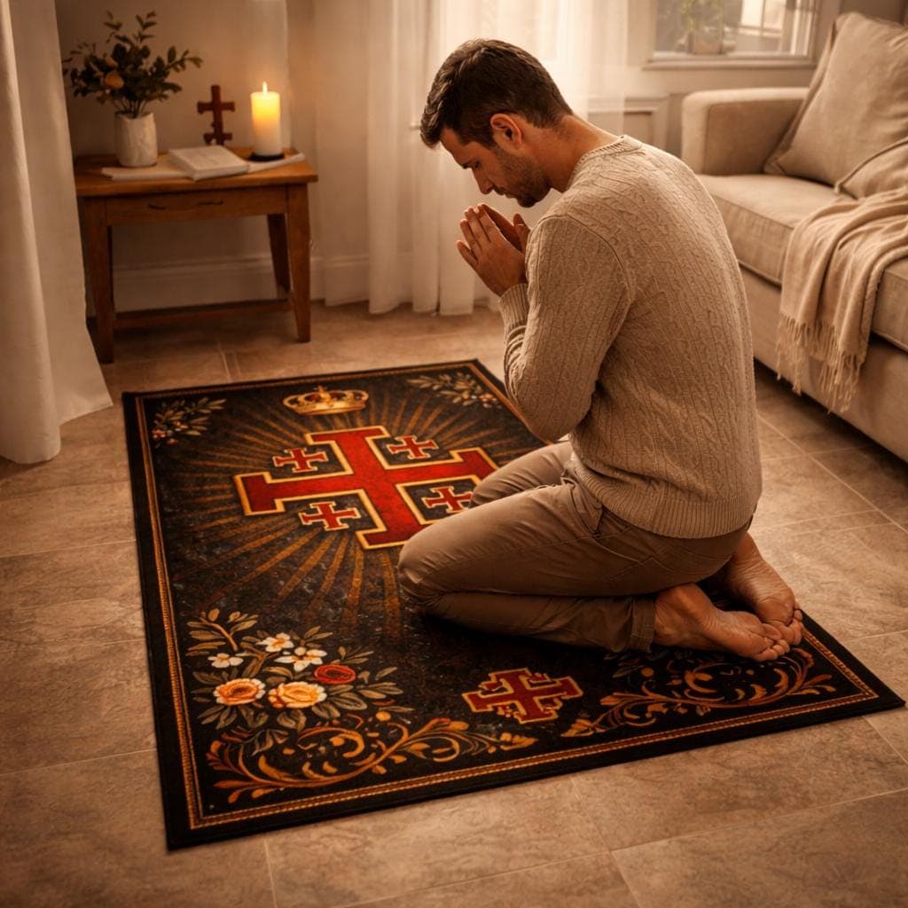 Jerusalem Cross Christian Prayer Rug | Vintage Catholic Kneeling Mat | Gothic Spiritual Home Decor | Royal Crown Religious Gift - image 2
