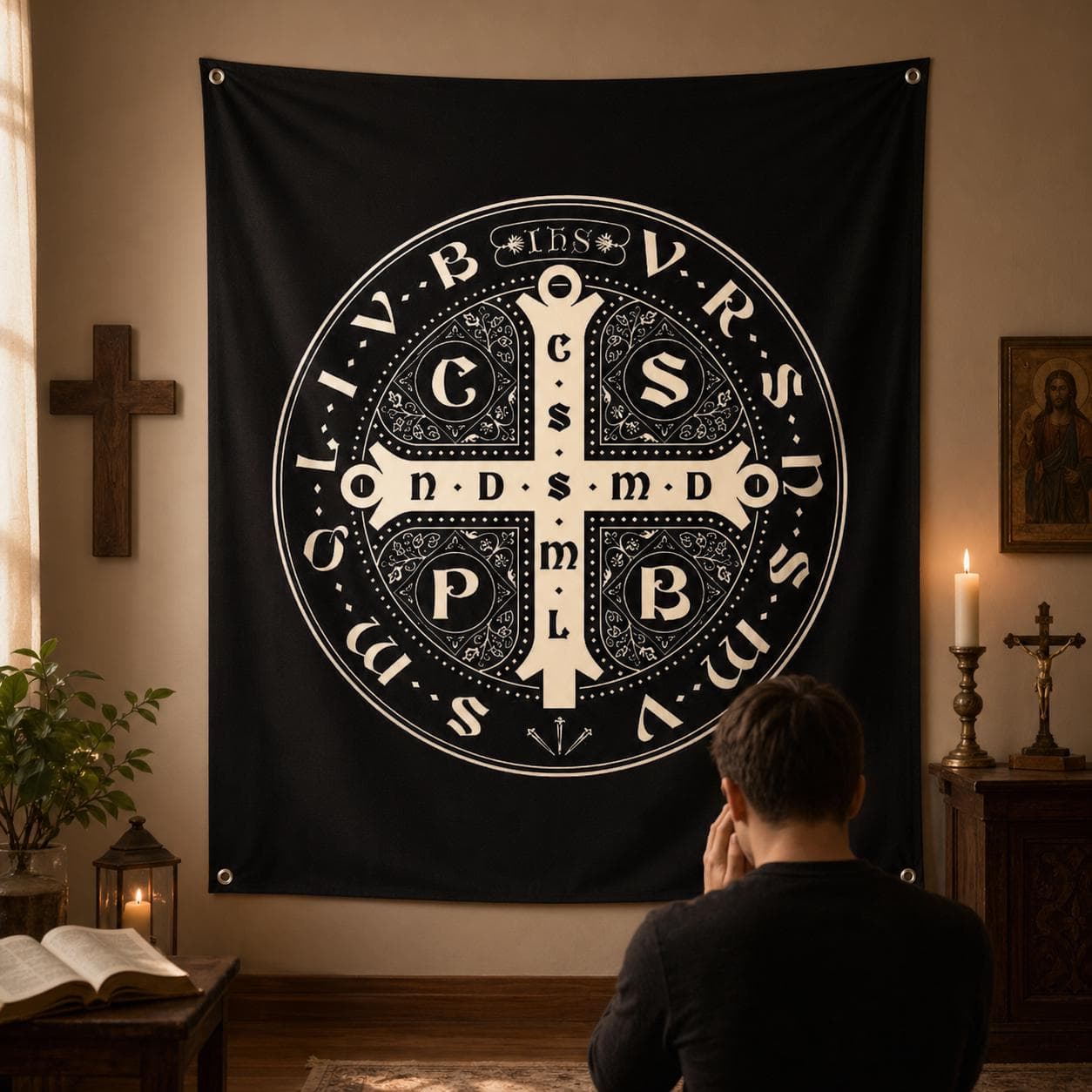 Saint Benedict Medal Tapestry, Catholic Home Decor, Protection Cross Wall Art, Gothic Dark Academia Room Decor, Christian Religious Gift - image 3