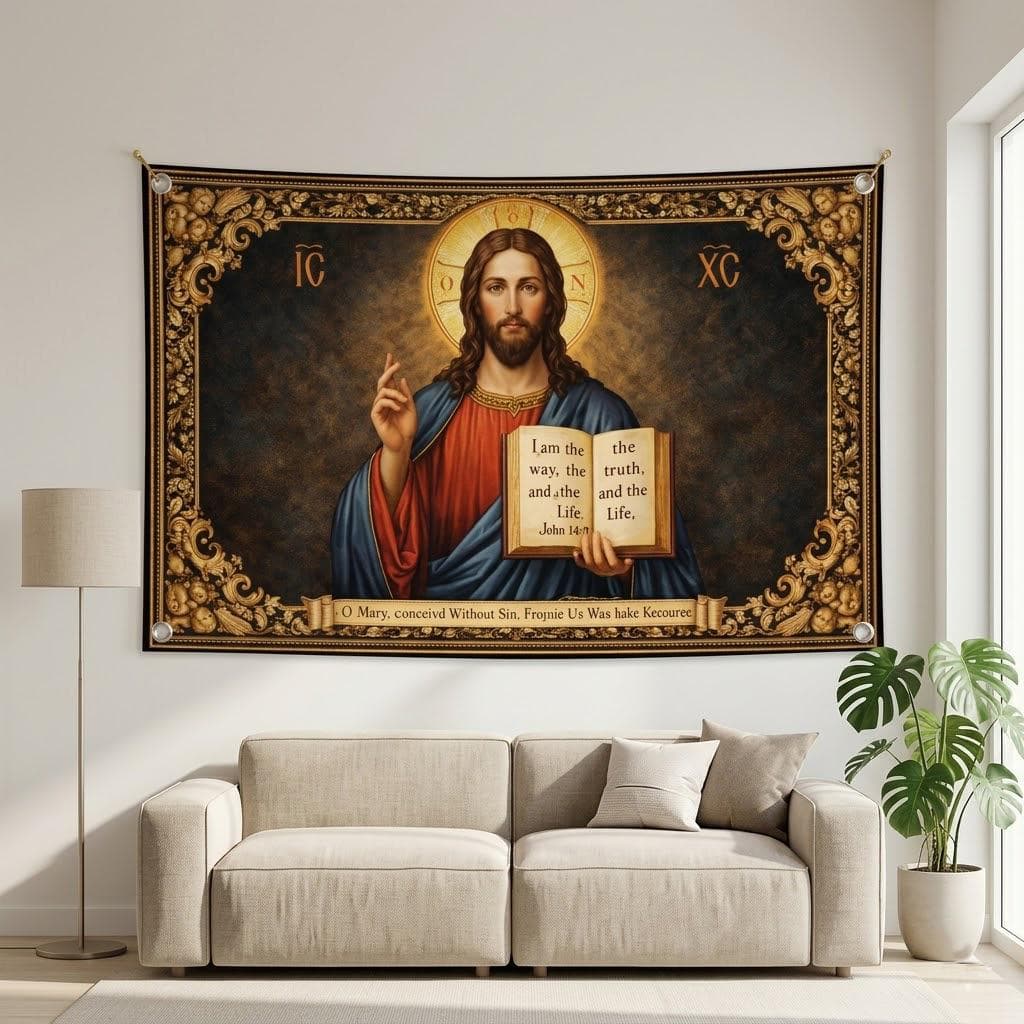 Jesus Christ Tapestry, John 14:6 Wall Art, Christian Home Decor, Vintage Catholic Prayer Room Hanging, Religious Gift, Bible Verse Decor - image 4