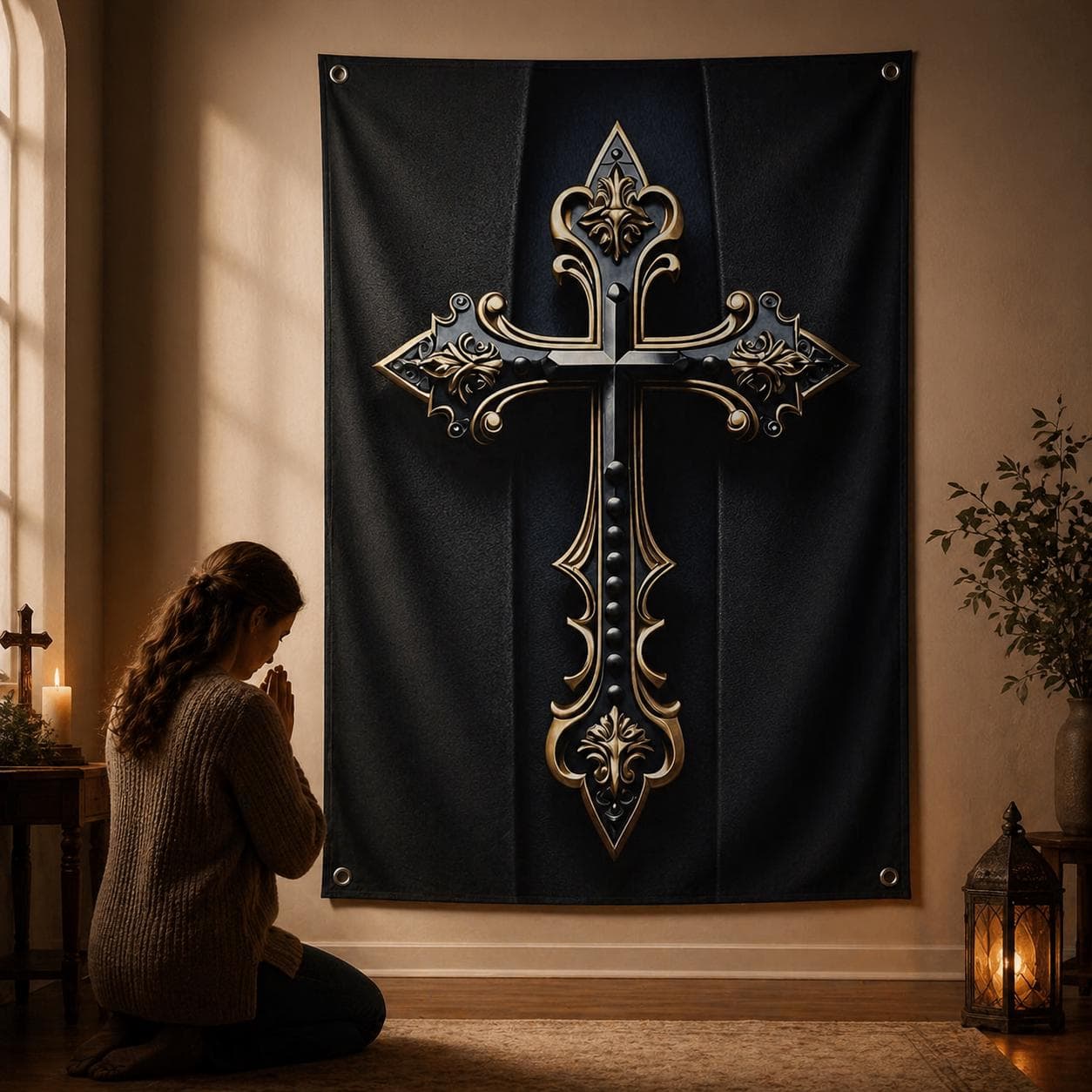 Gothic Christian Cross Tapestry Dark Academia Room Decor 3D Effect Ornate Gold Catholic Wall Hanging Antique Black and Gold Religious Art - image 3