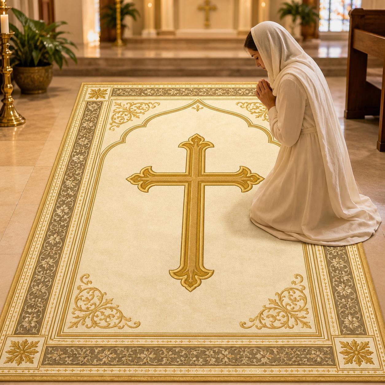 Christian Prayer Mat, Catholic Kneeling Pad, Vintage Gold Cross Rug, Church Altar Decor, Spiritual Baptism Gift, Prayer Room Rug - image 3