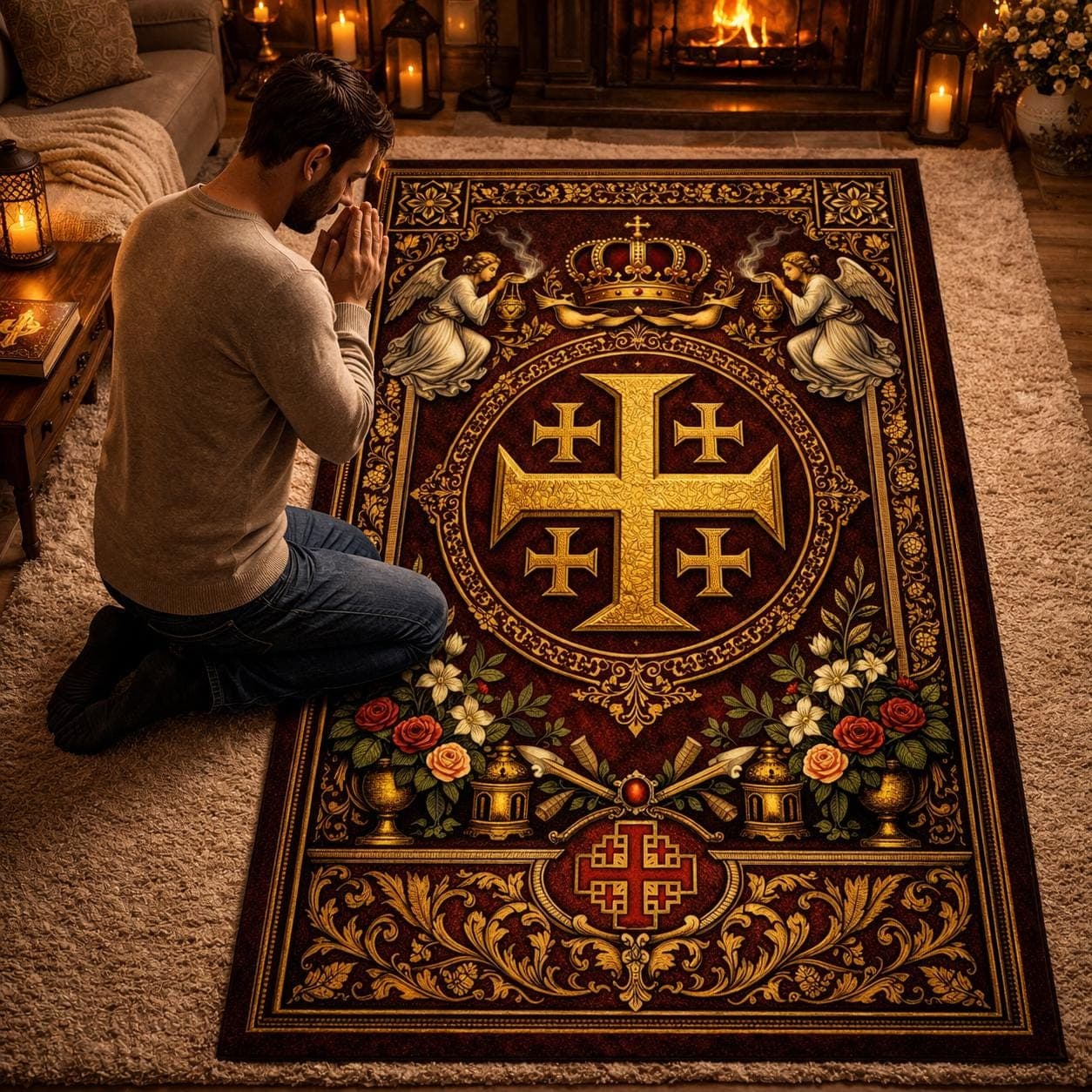 Jerusalem Cross Christian Prayer Rug, Catholic Kneeling Mat for Home Altar, Vintage Orthodox Devotional Pad, Spiritual Religious Gift - image 4