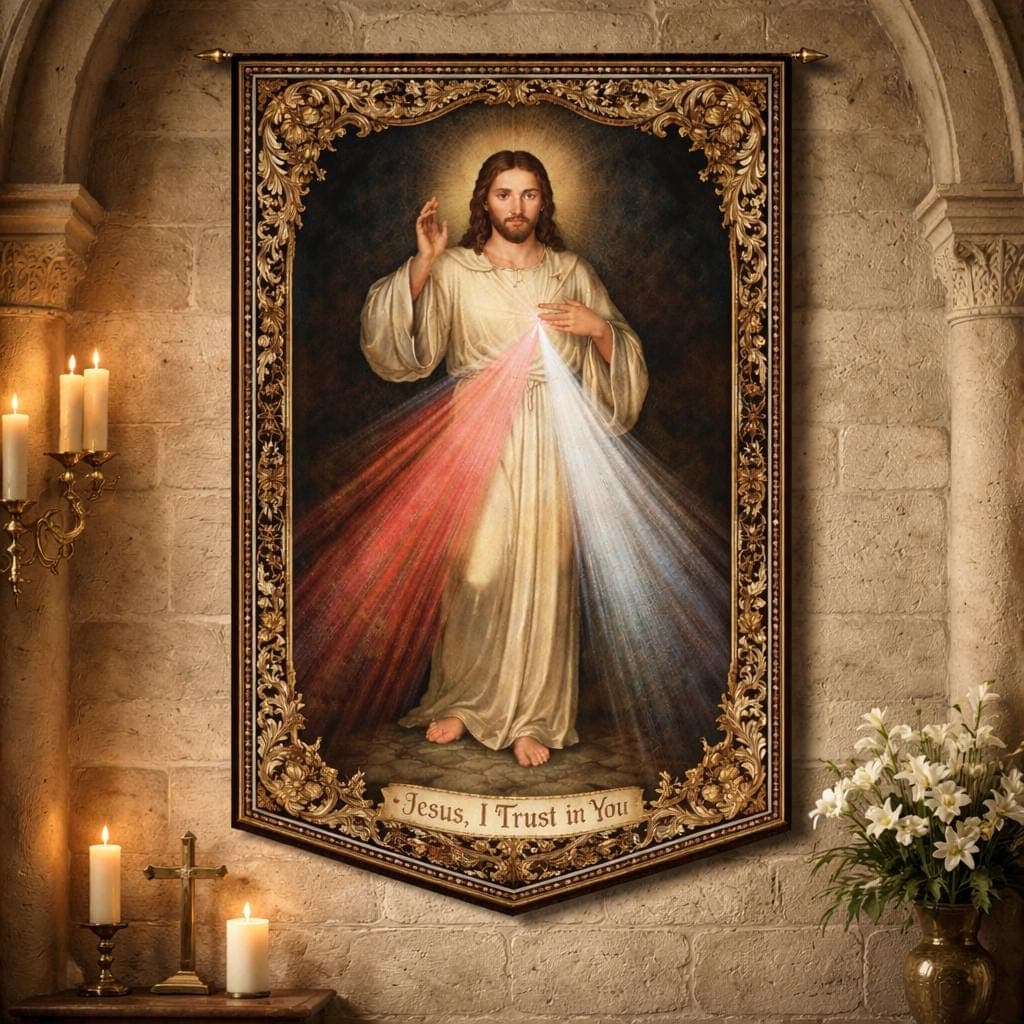 Divine Mercy Tapestry Jesus I Trust In You Catholic Wall Decor Christian Room Hanging Prayer Room Art Religious Gift Vintage Housewarming