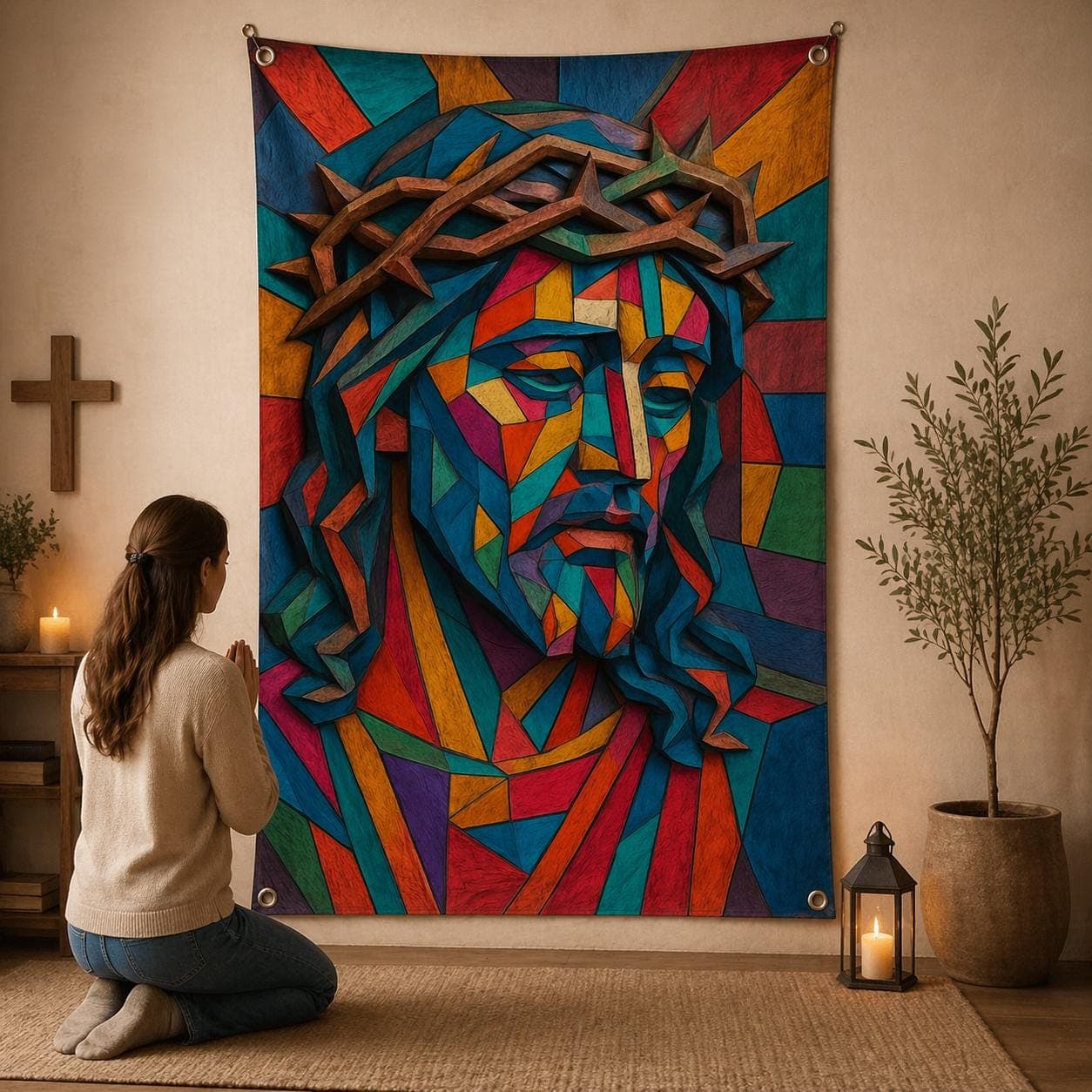 Jesus Christ Wall Hanging Rug, Modern Geometric Christian Home Decor, Stained Glass Style Religious Wall Art,Colorful Catholic Gift Tapestry - image 3