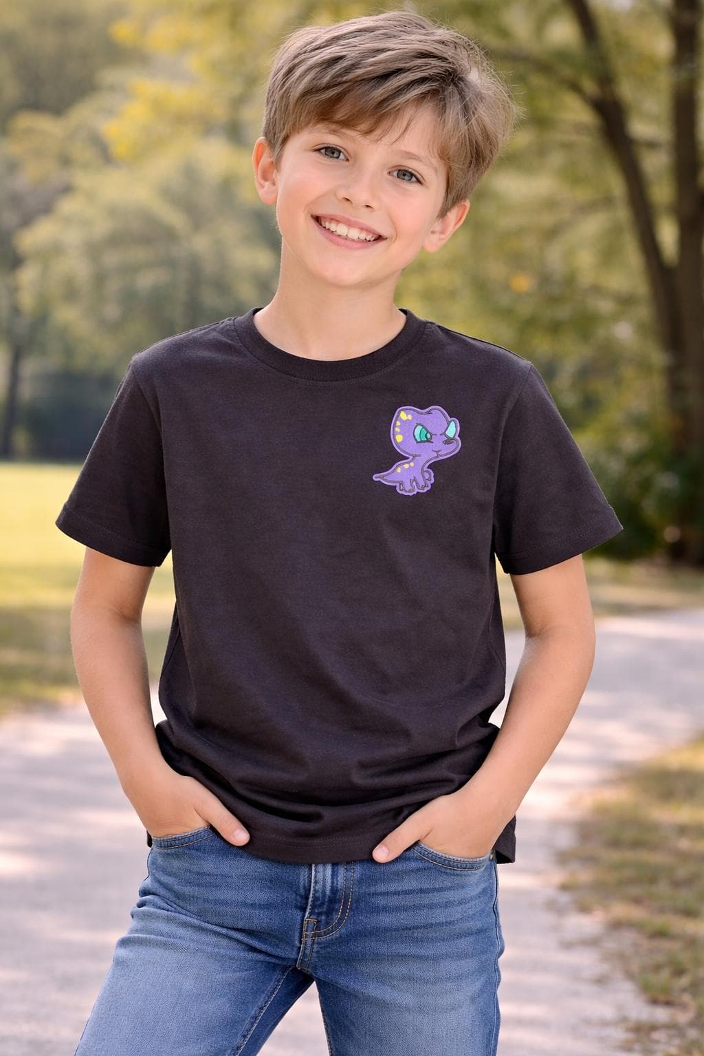 Large Youth Brown Gildan Tshirt with Purple Dinosaur