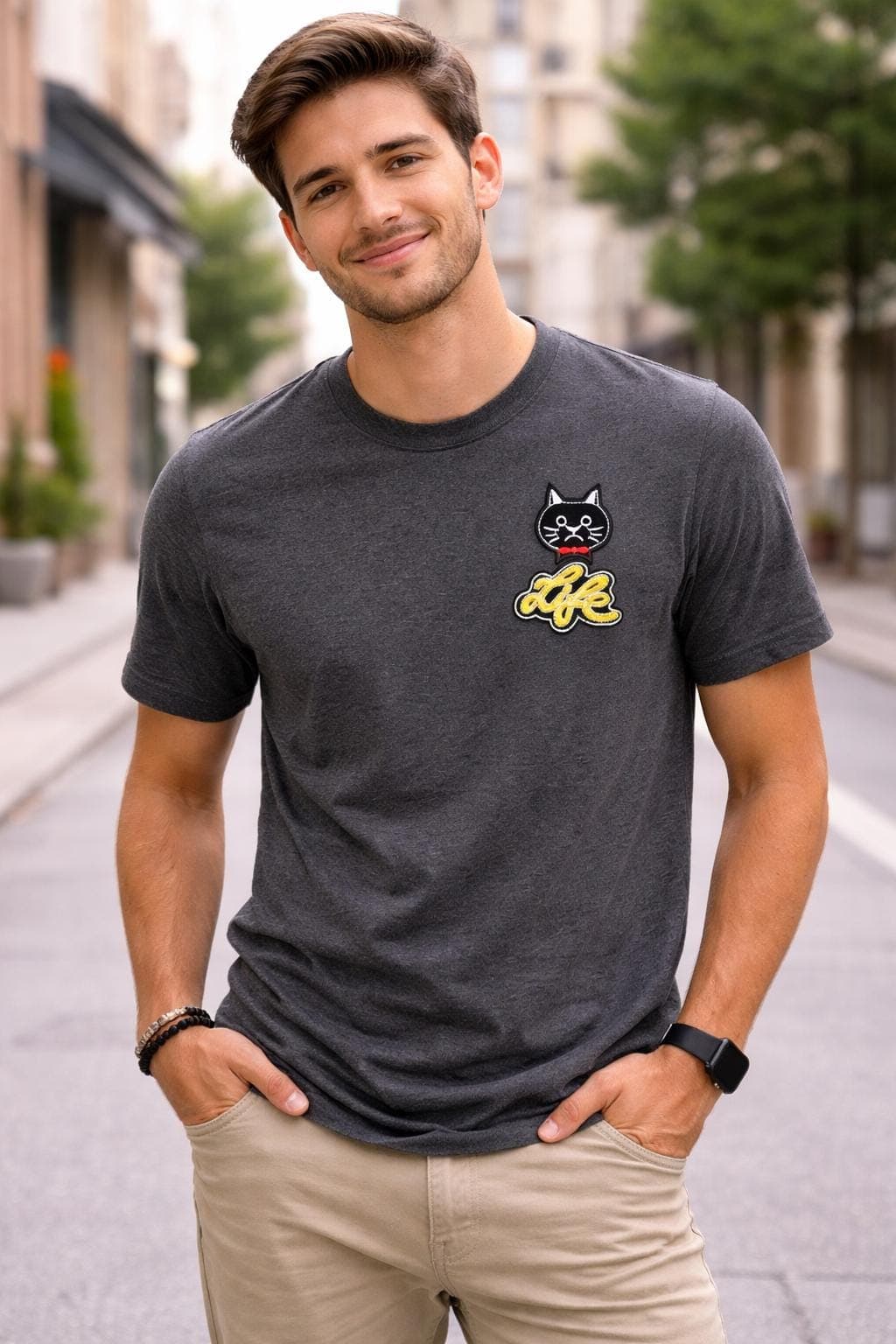 Cat Graphic Tee, Embroidered Life Detail, Unisex Casual Shirt
