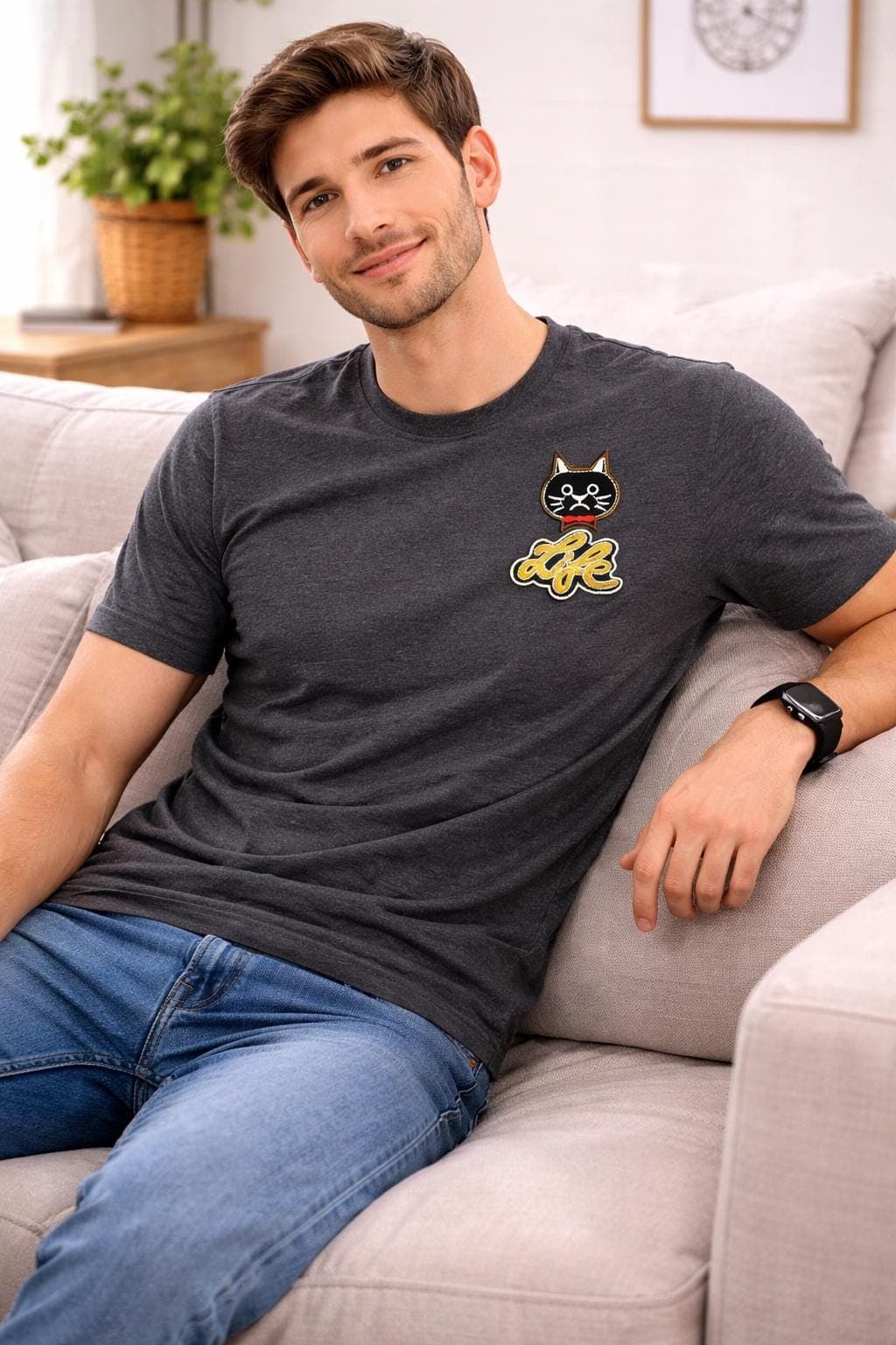 Cat Graphic Tee, Embroidered Life Detail, Unisex Casual Shirt - image 3
