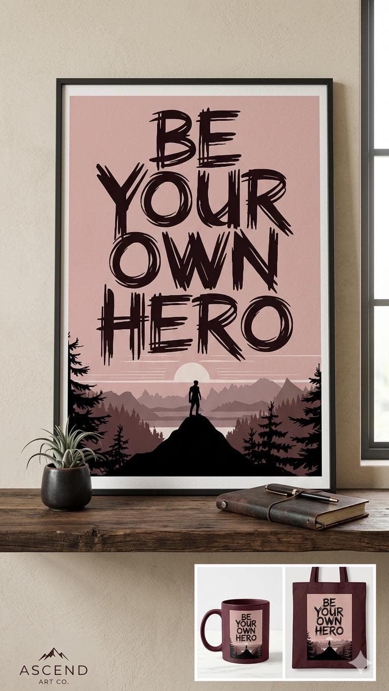 Be Your Own Hero Motivational Print β Minimalist Mountain Landscape Poster - image 3