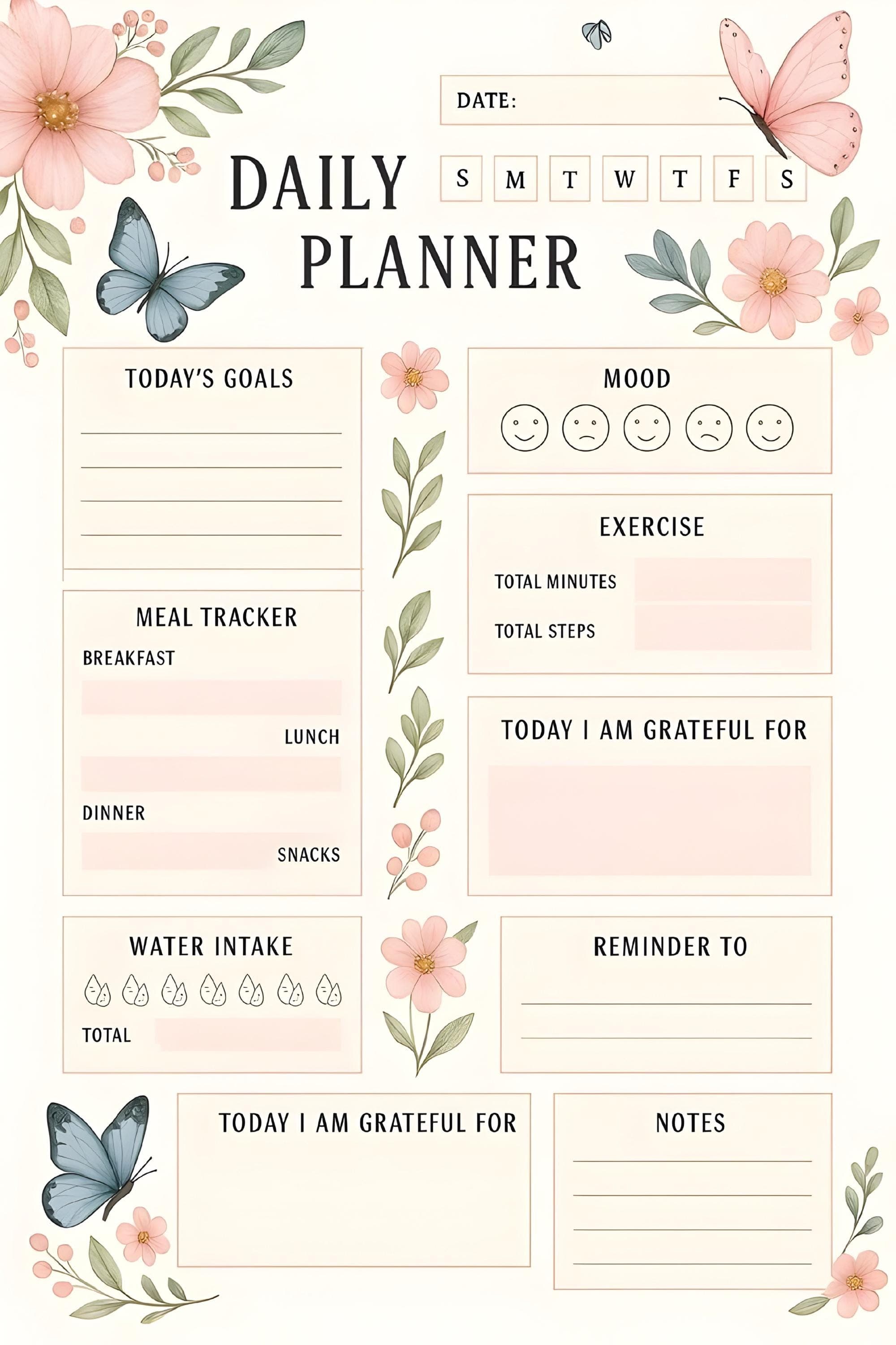 Floral Daily Planner, Butterfly, Wellness Tracker (PDF/JPG) - image 3
