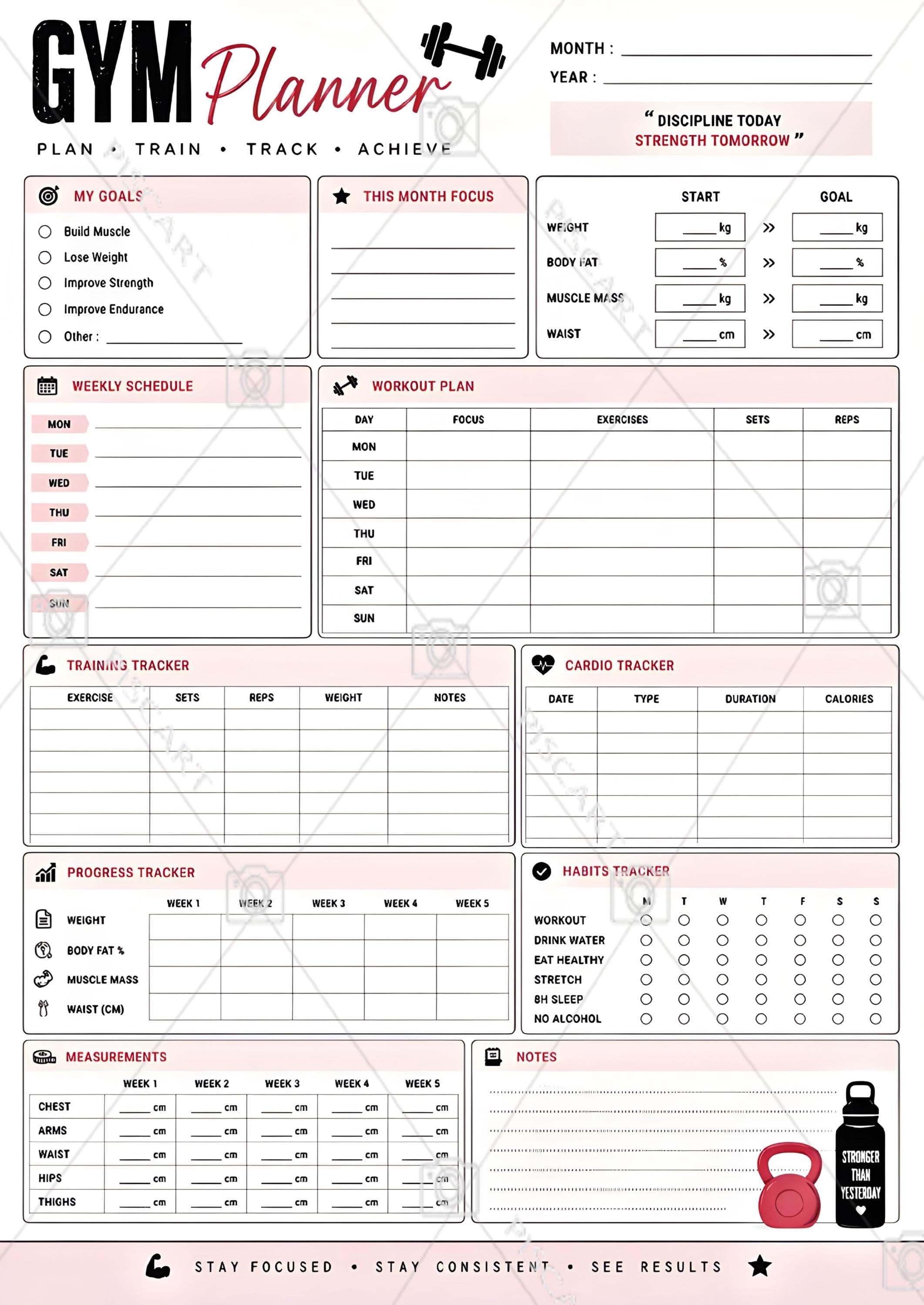 Gym Fitness Printable Planner PDF PNG | Workout Tracker Planner | Instant Download