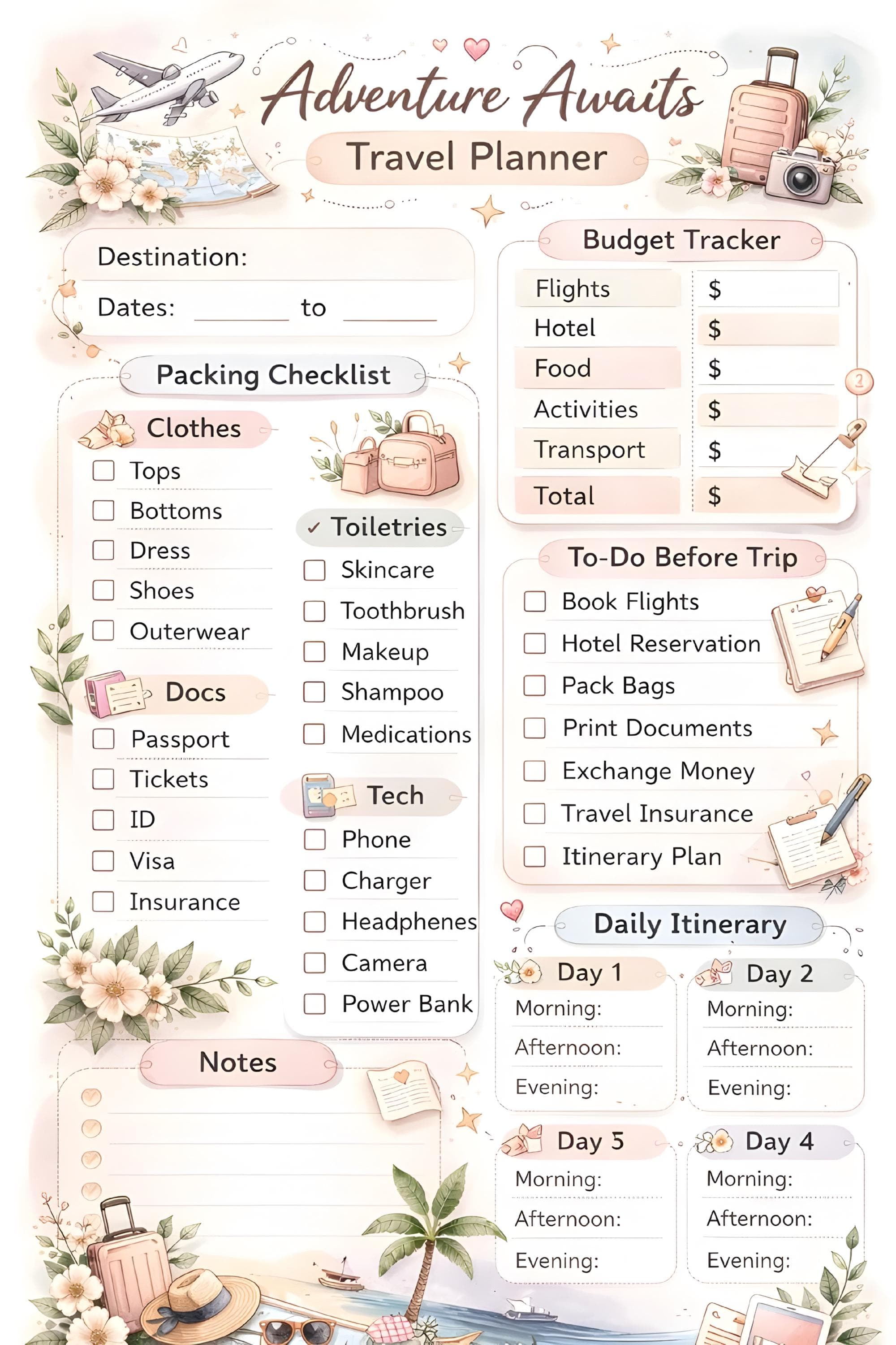 Adventure Awaits Travel Planner: Budget, Packing, Itinerary (Digital Download)