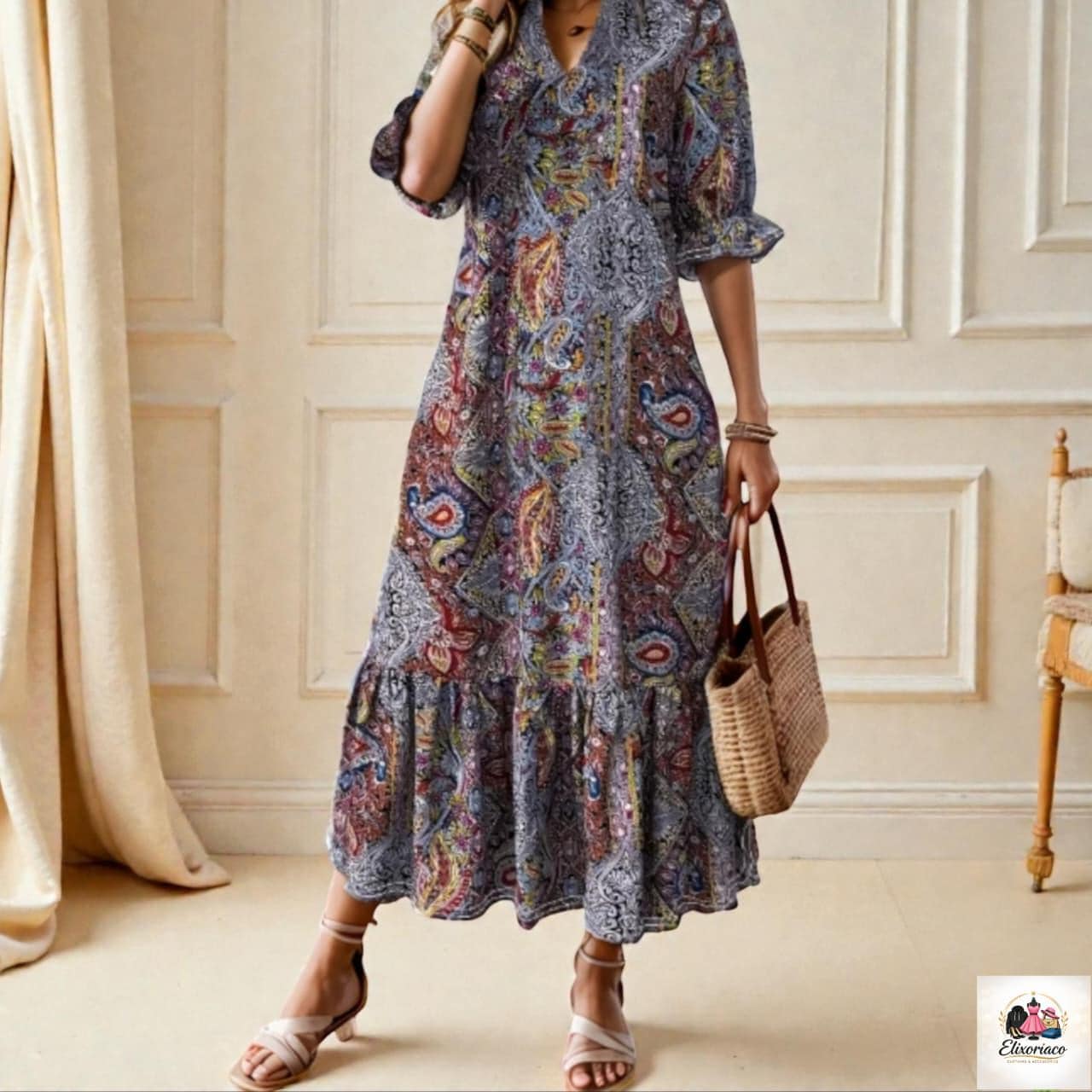 Boho Chic Plus Size V-Neck Maxi Dress || Ethnic Print || Fall and All year round