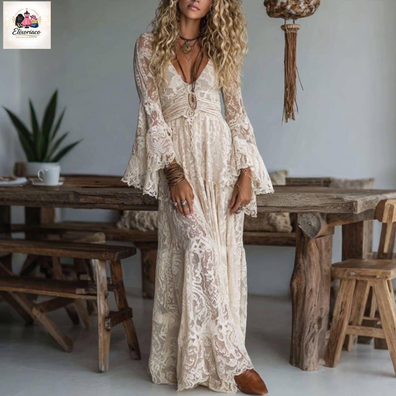 Boho Lace Maxi Dress: Vintage Floral Style, Long Sleeve Festival Outfit