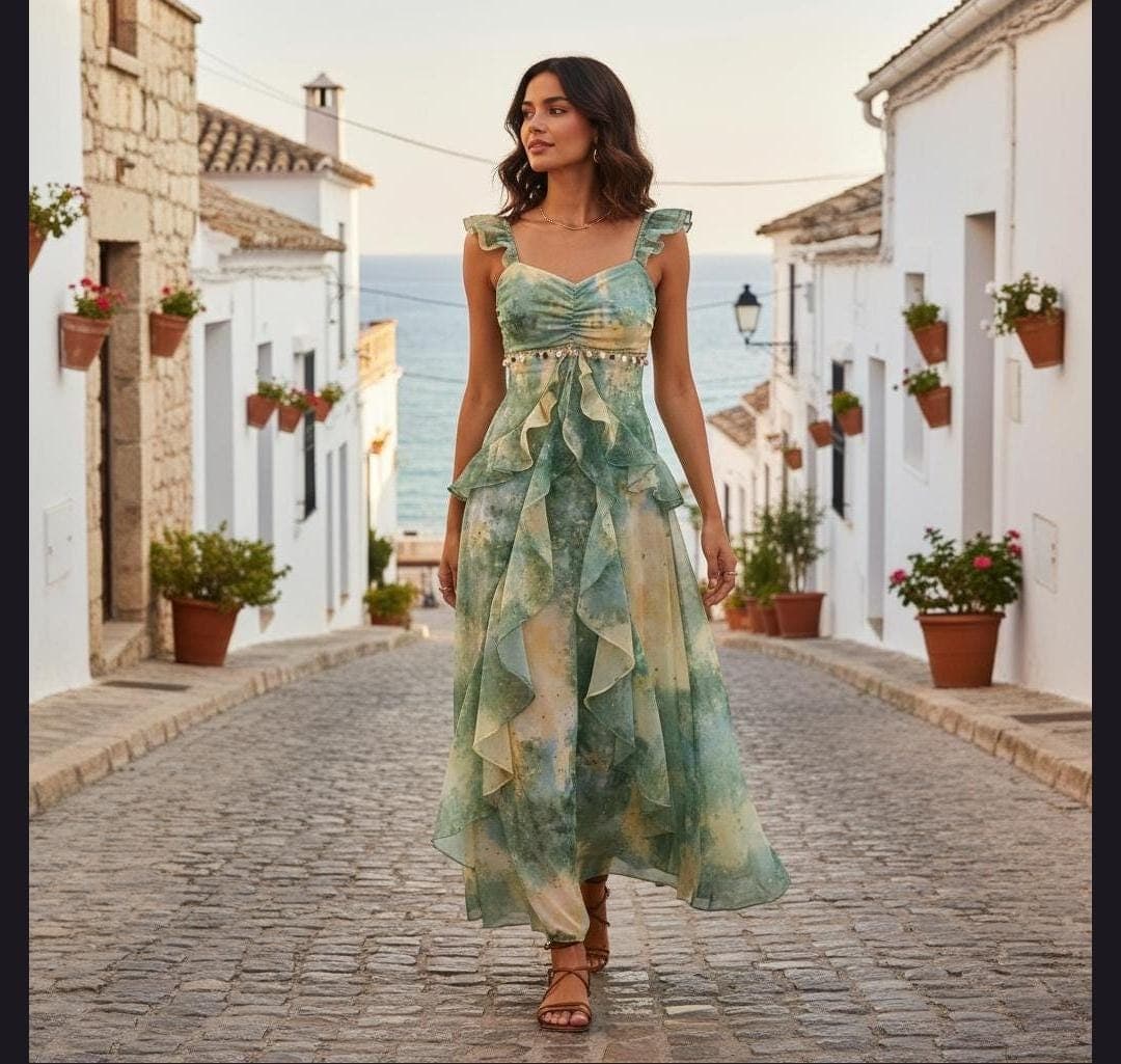 Green Boho Maxi Dress, Ruffle Strap Summer Beach Vacation Outfit