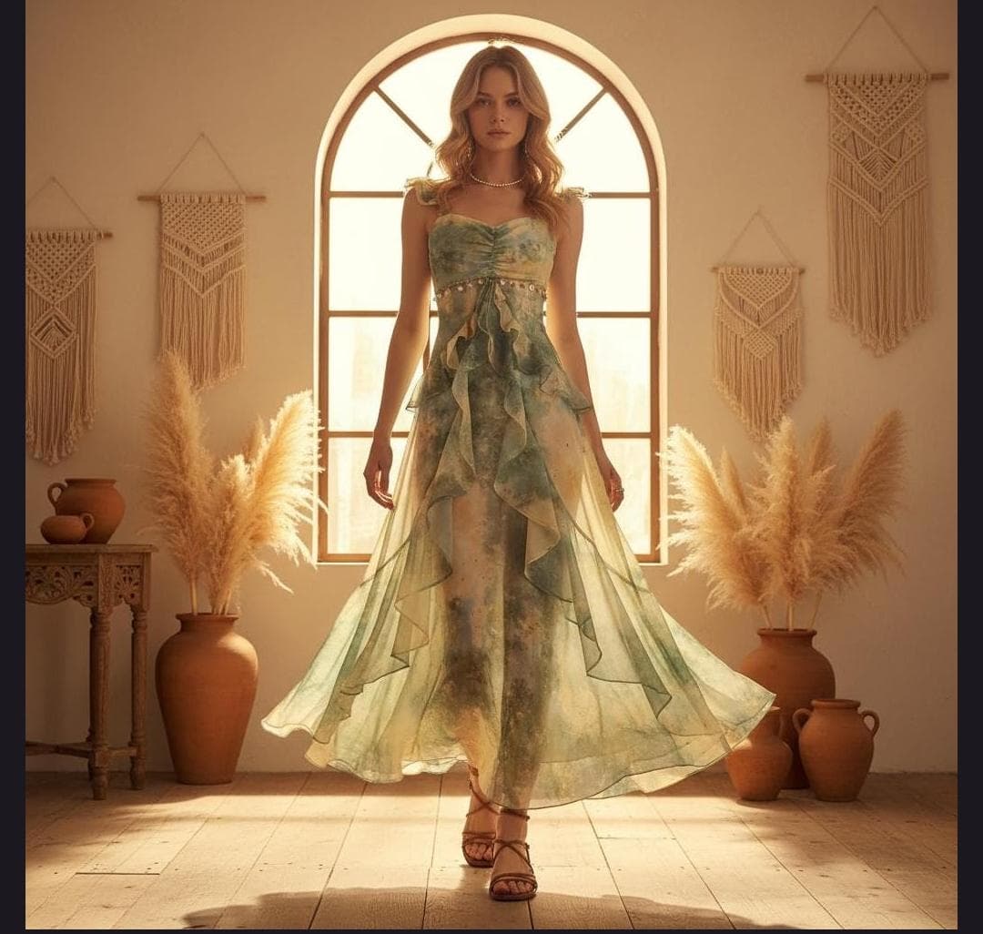 Green Boho Maxi Dress, Ruffle Strap Summer Beach Vacation Outfit - image 5