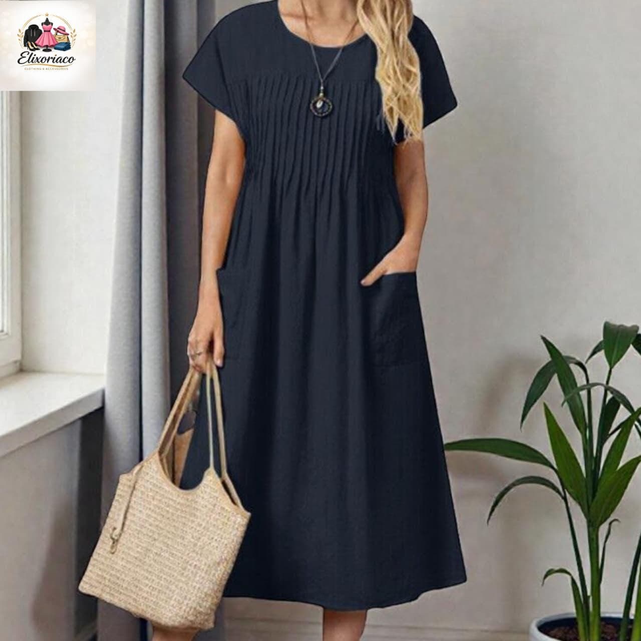 Green Pleated Midi Dress Women Casual Loose Fit Short Sleeve Pocket Dress Summer Outfit - image 4