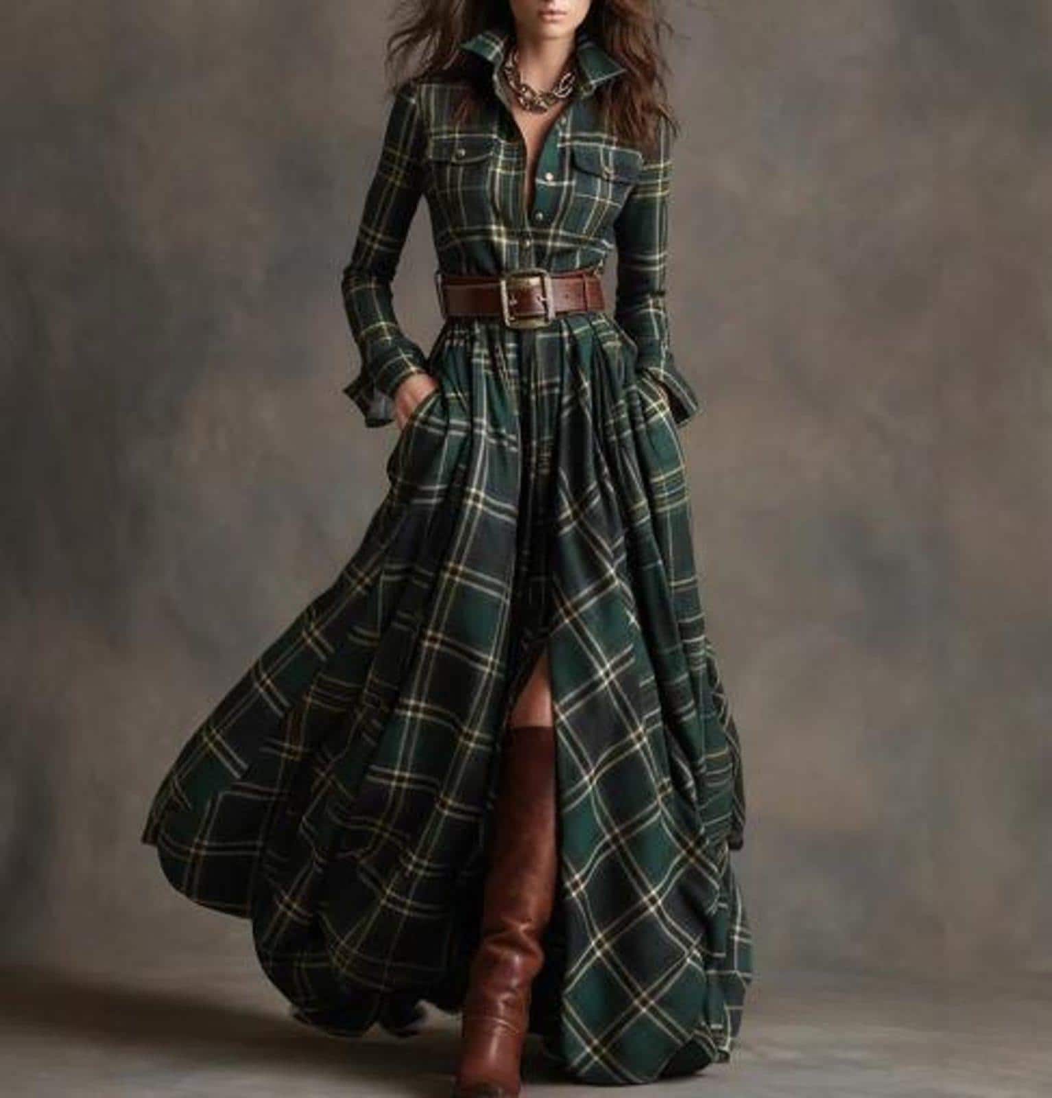 Vintage Plaid Maxi Shirt Dress, Belted Long Sleeve Tartan Outfit - image 4