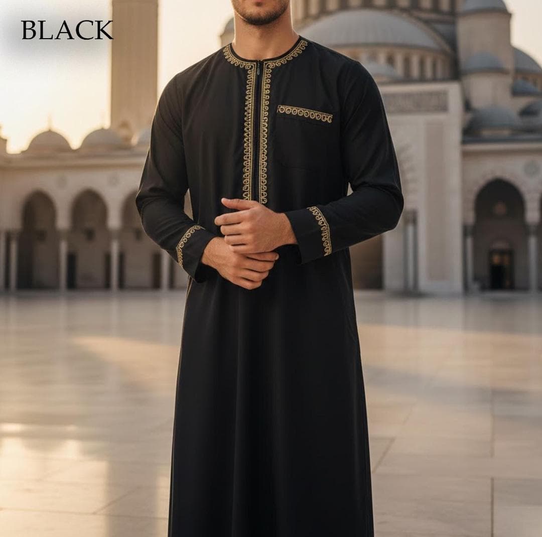 Men's Islamic Thobe Floor Length Polyester Kaftan Robe with Front Zipper and Pockets