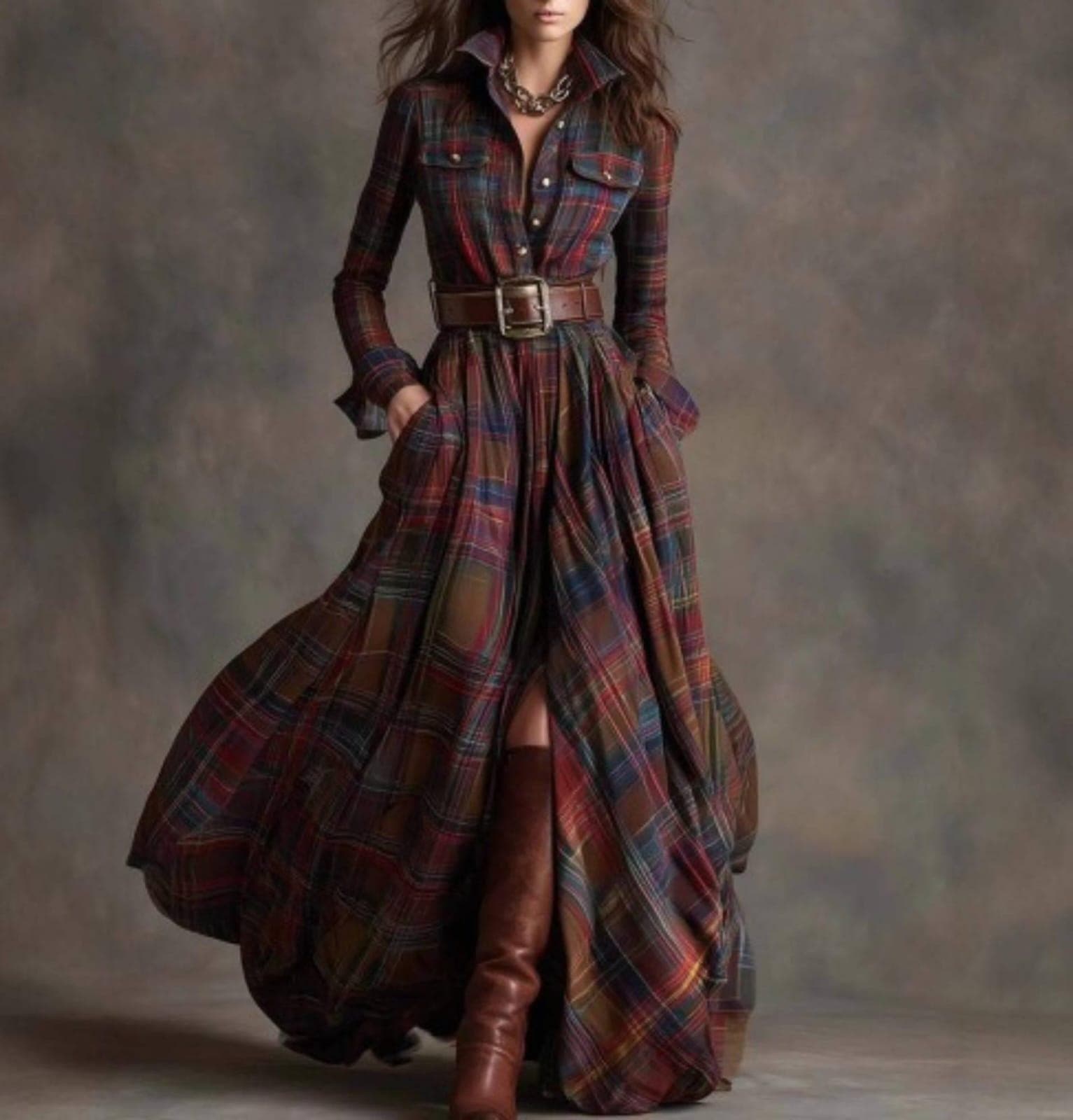 Vintage Plaid Maxi Shirt Dress, Belted Long Sleeve Tartan Outfit