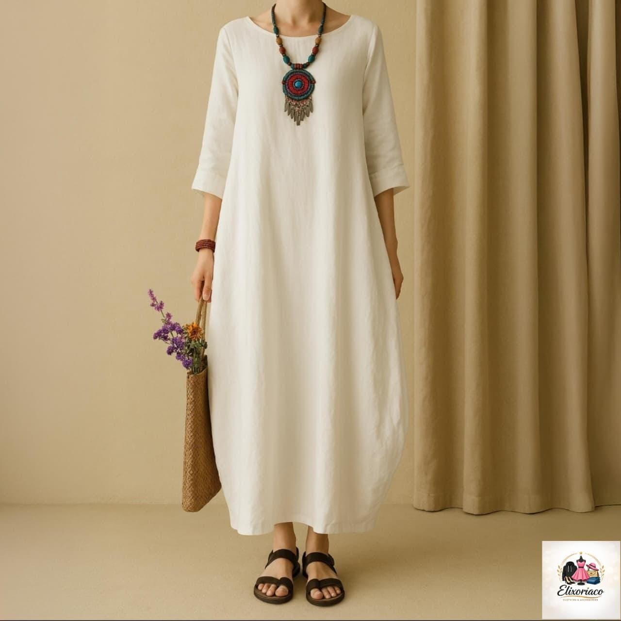 Elegant Oversized Cotton & Linen Long Dress – Retro Boho Style || Casual Maxi Dress