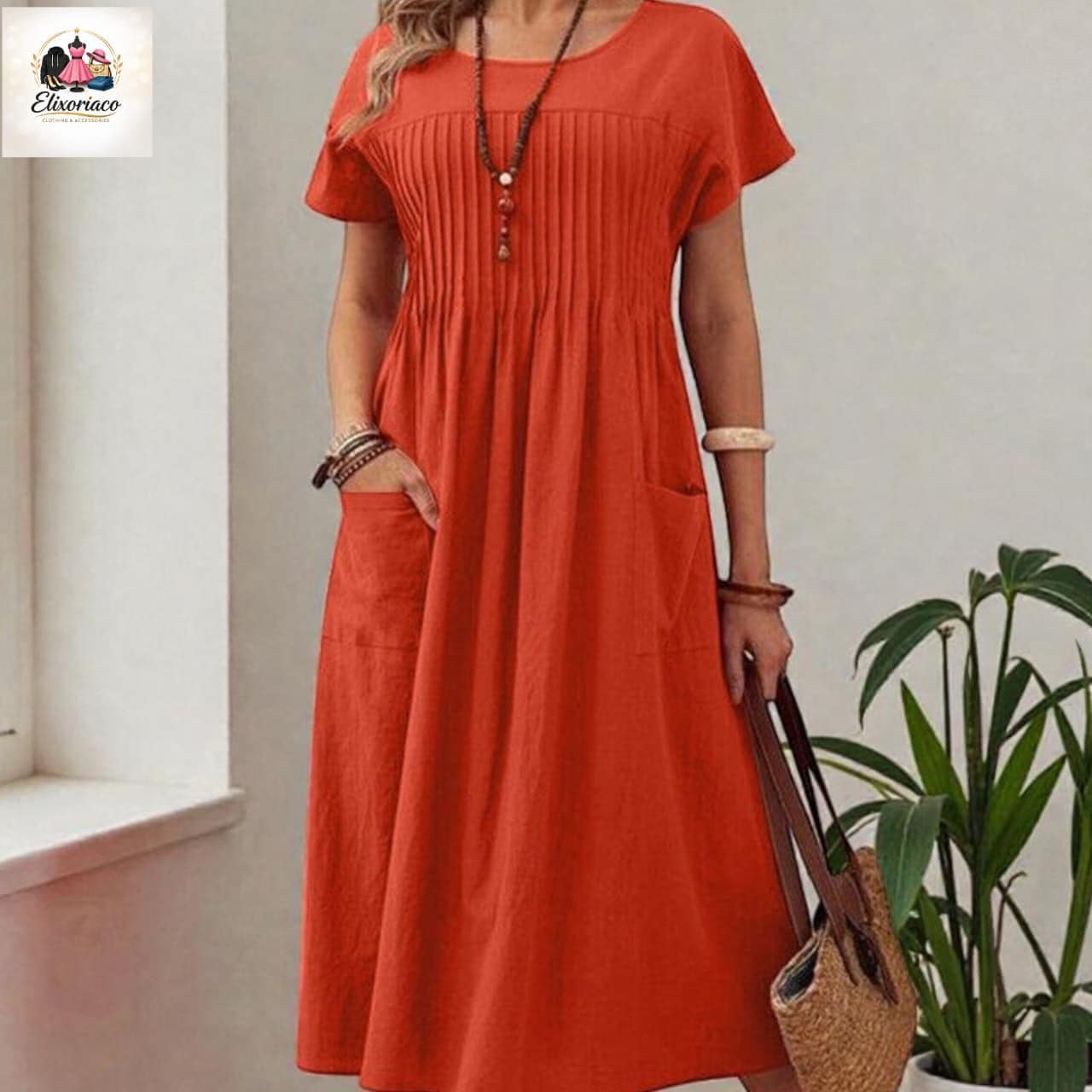 Green Pleated Midi Dress Women Casual Loose Fit Short Sleeve Pocket Dress Summer Outfit - image 3