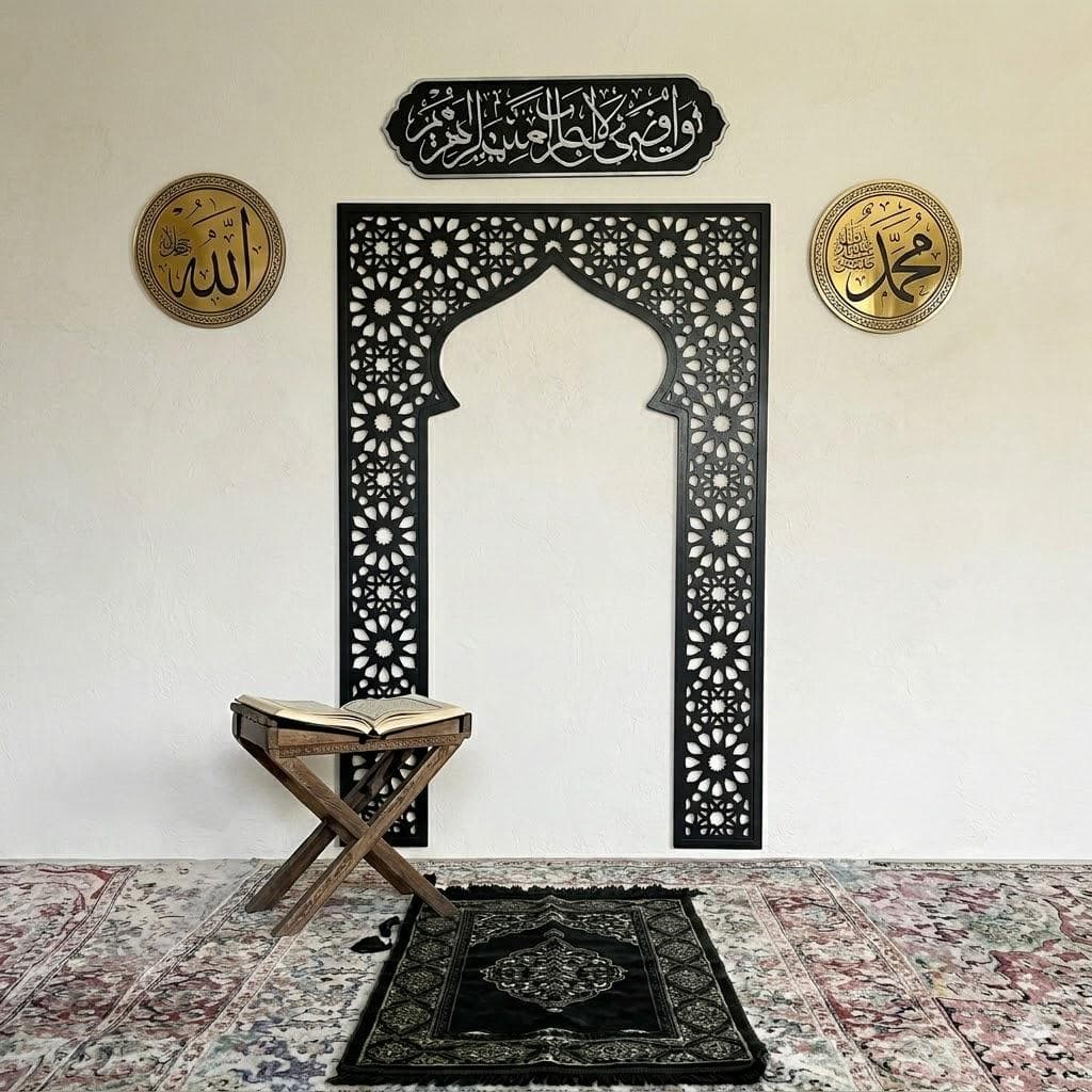 Wooden Mihrab Wall Art: Islamic Prayer Niche Decor with Allah & Muhammad Ornaments - image 4