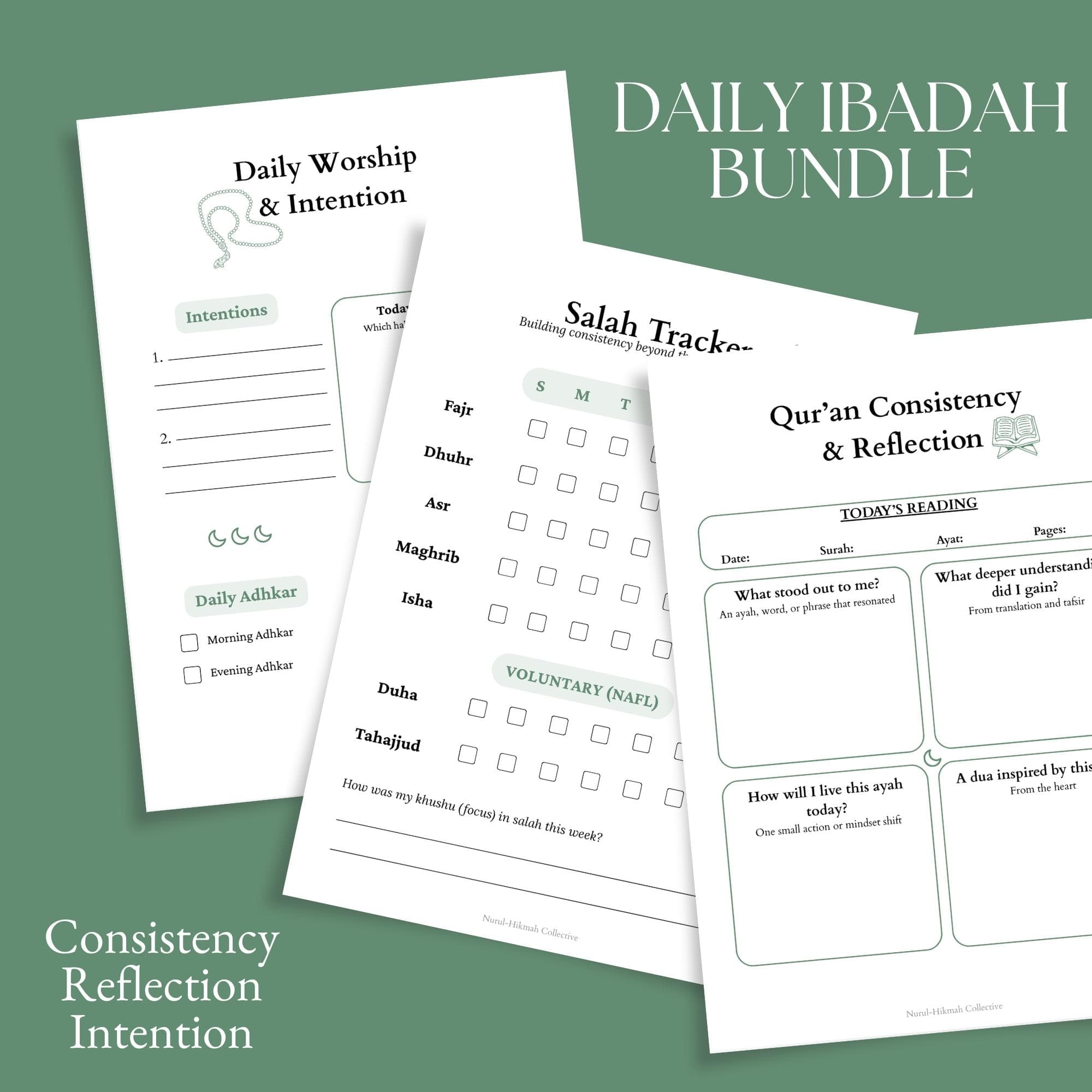 Daily Ibadah Planner Printable PDF, Salah Tracker, Quran Reflection, Intention page, Islamic Worship Routine Bundle, Muslim Planner, Prayer