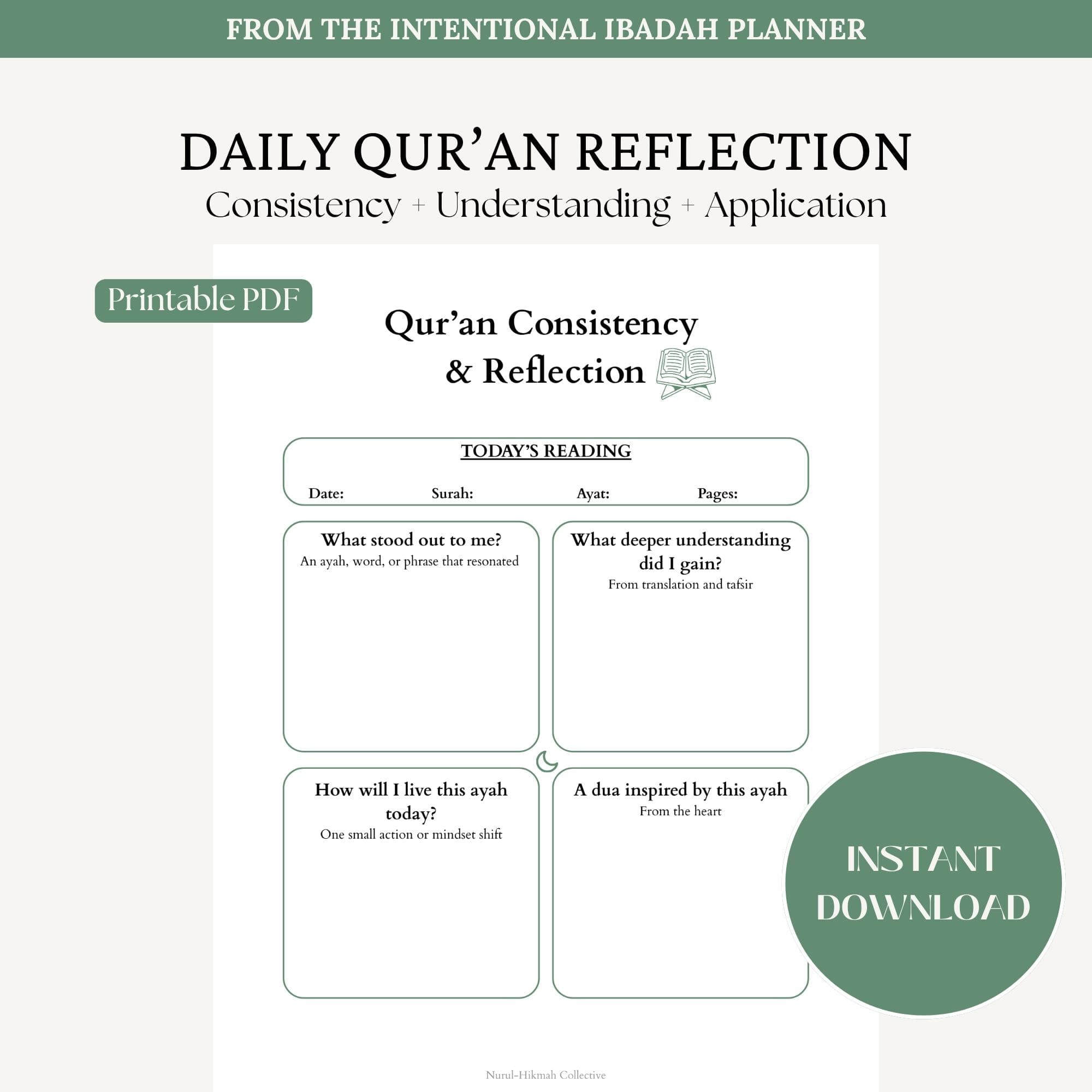 Quran Reflection Printable PDF, Islamic Journal Page, Muslim Planner Page, Quran Study Worksheet, Tafsir Reflection, Ayat Tracker, Ibadah