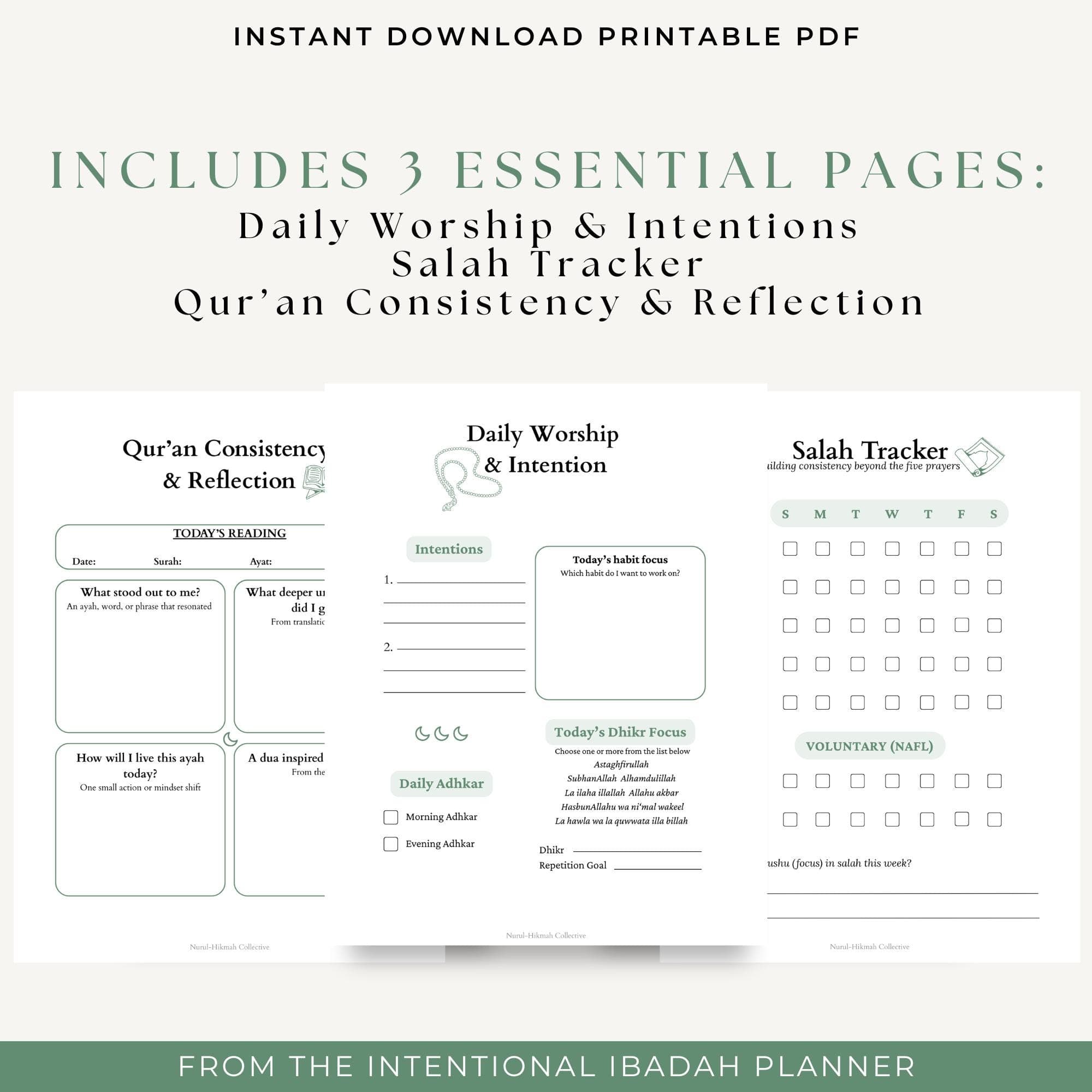 Daily Ibadah Planner Printable PDF, Salah Tracker, Quran Reflection, Intention page, Islamic Worship Routine Bundle, Muslim Planner, Prayer - image 3