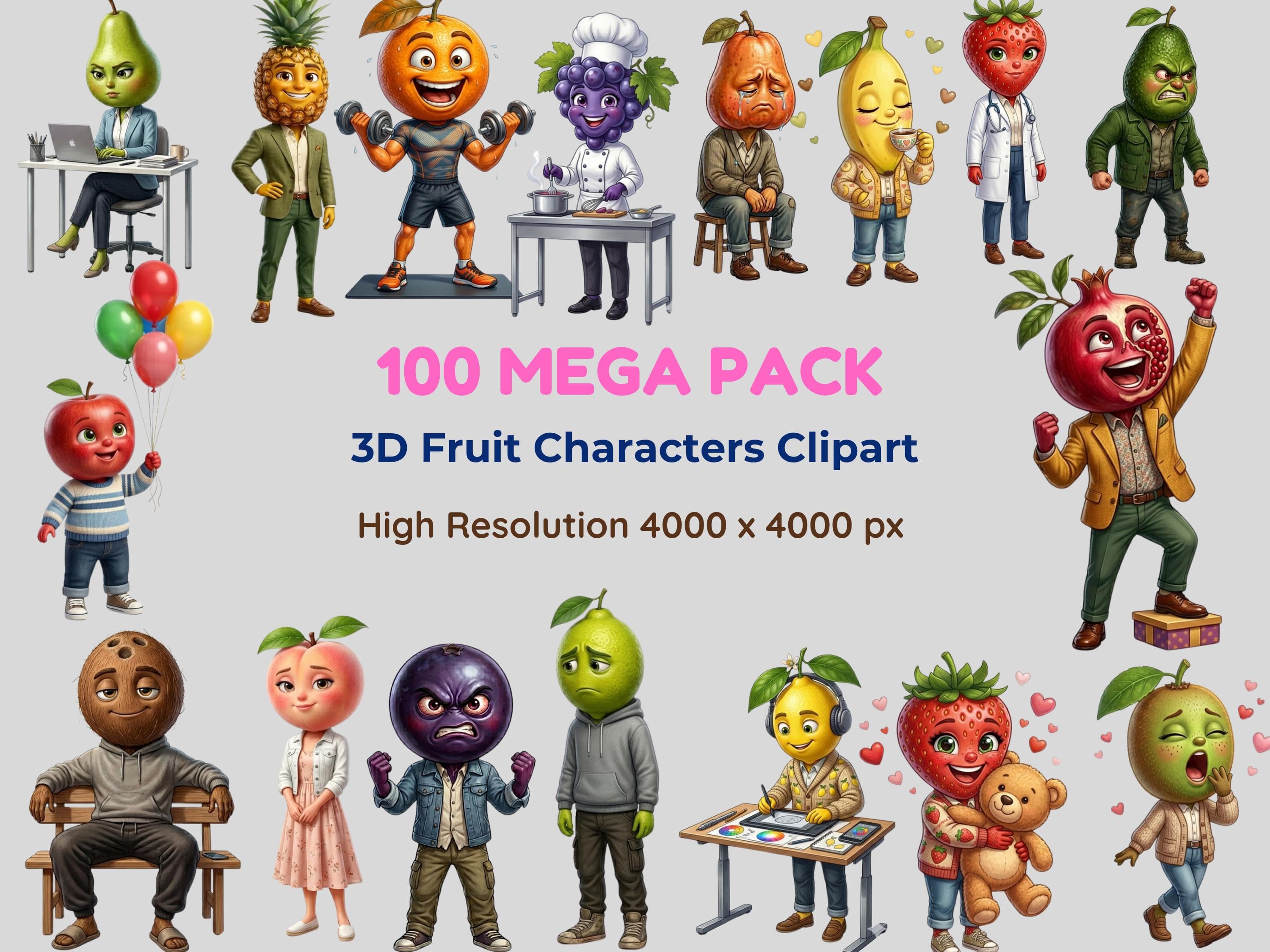 100 3D Fruit Characters Clipart – Viral Trend PNG Bundle (Digital Download)