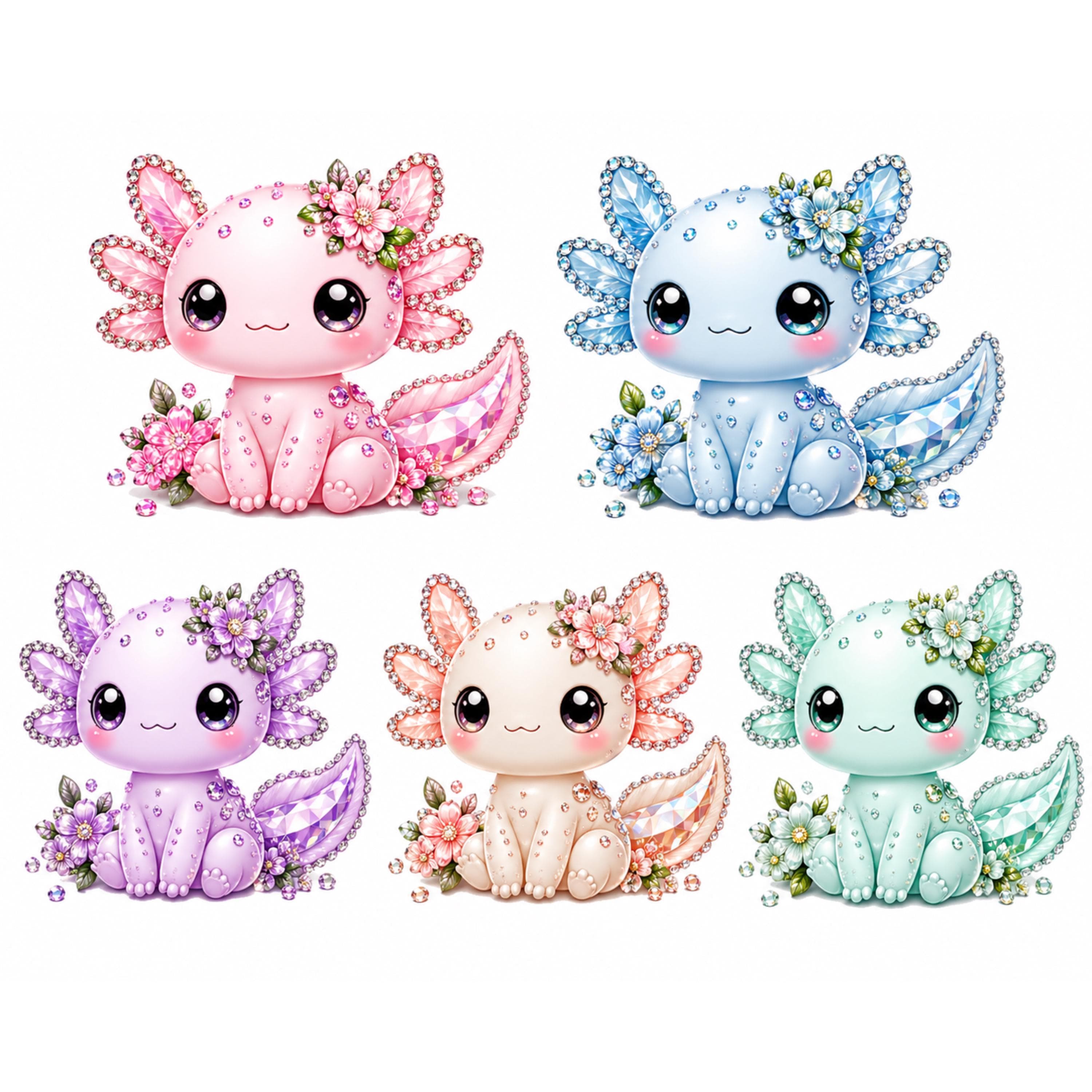 Diamond Axolotl floral Stickers Bundle | Pastel Kawaii Clipart | PNG Sublimation axolotl printable