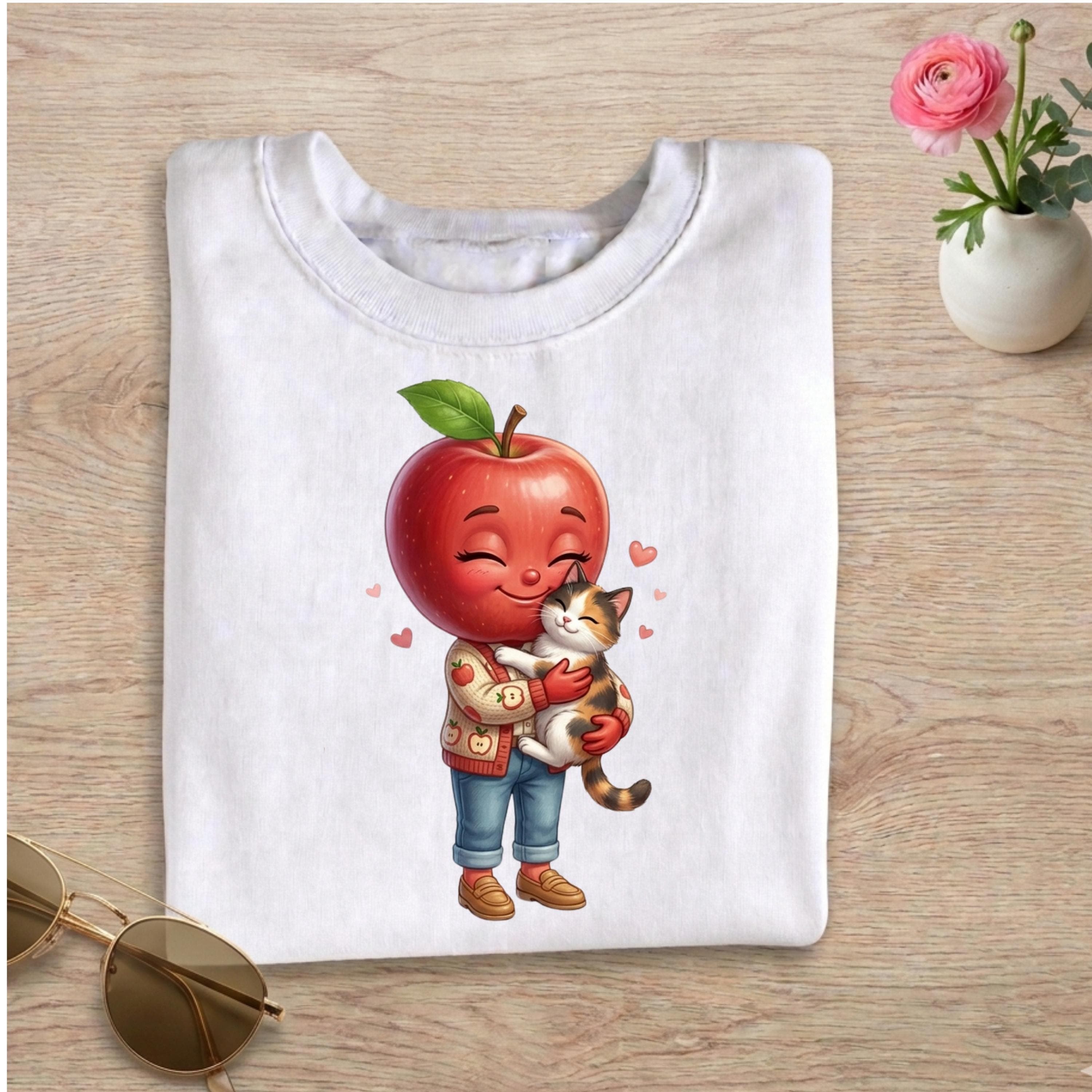 Apple Hugging Cat PNG, 3D Kawaii Kitten Design, Sublimation T-shirt Print (Digital Download)