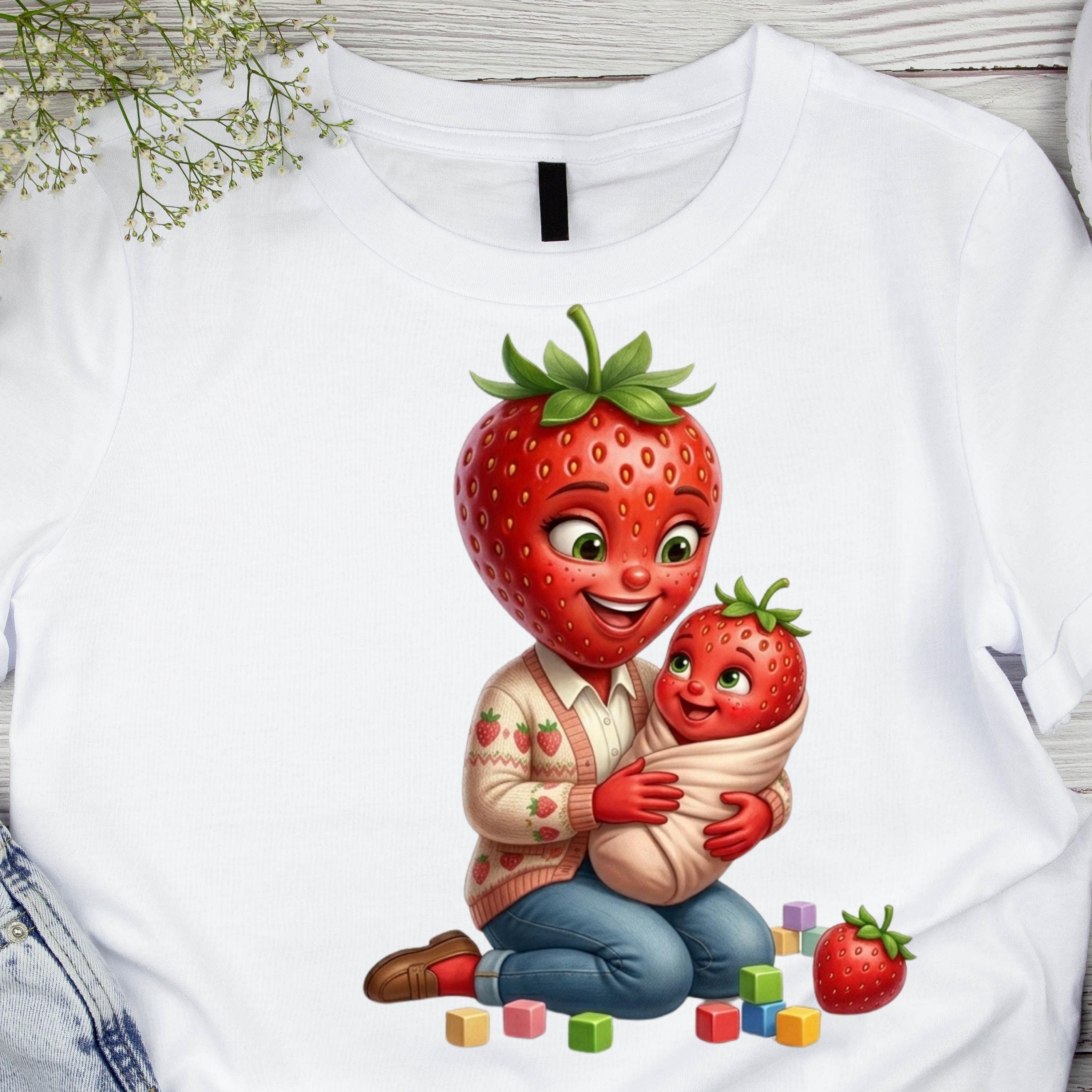 Strawberry Mom Baby PNG, Kawaii Fruit Sublimation Design, Mother Child T-shirt Print (Digital Download) - image 3