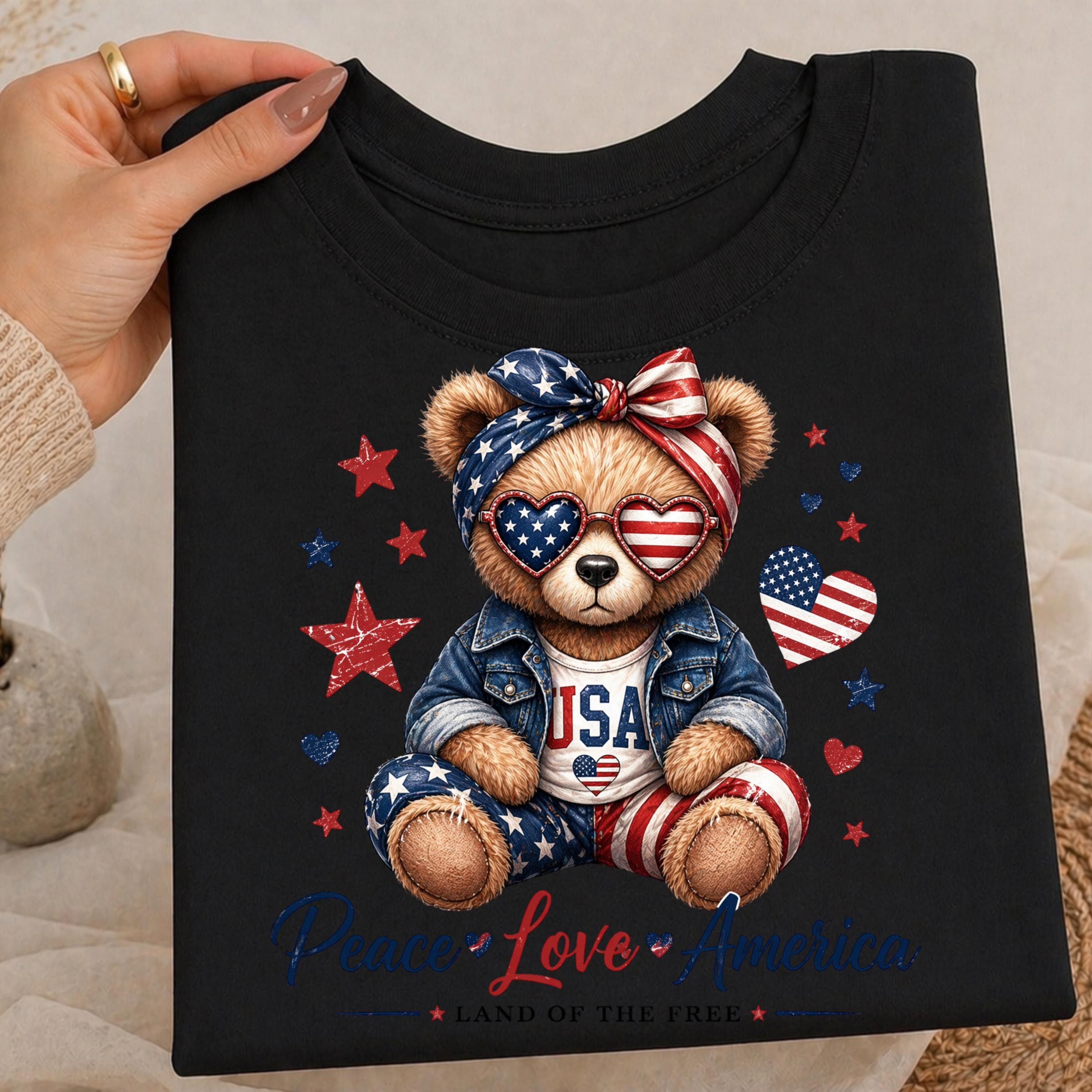Patriotic Teddy Bear USA PNG, Peace Love America Shirt Design (Digital Download) - image 3