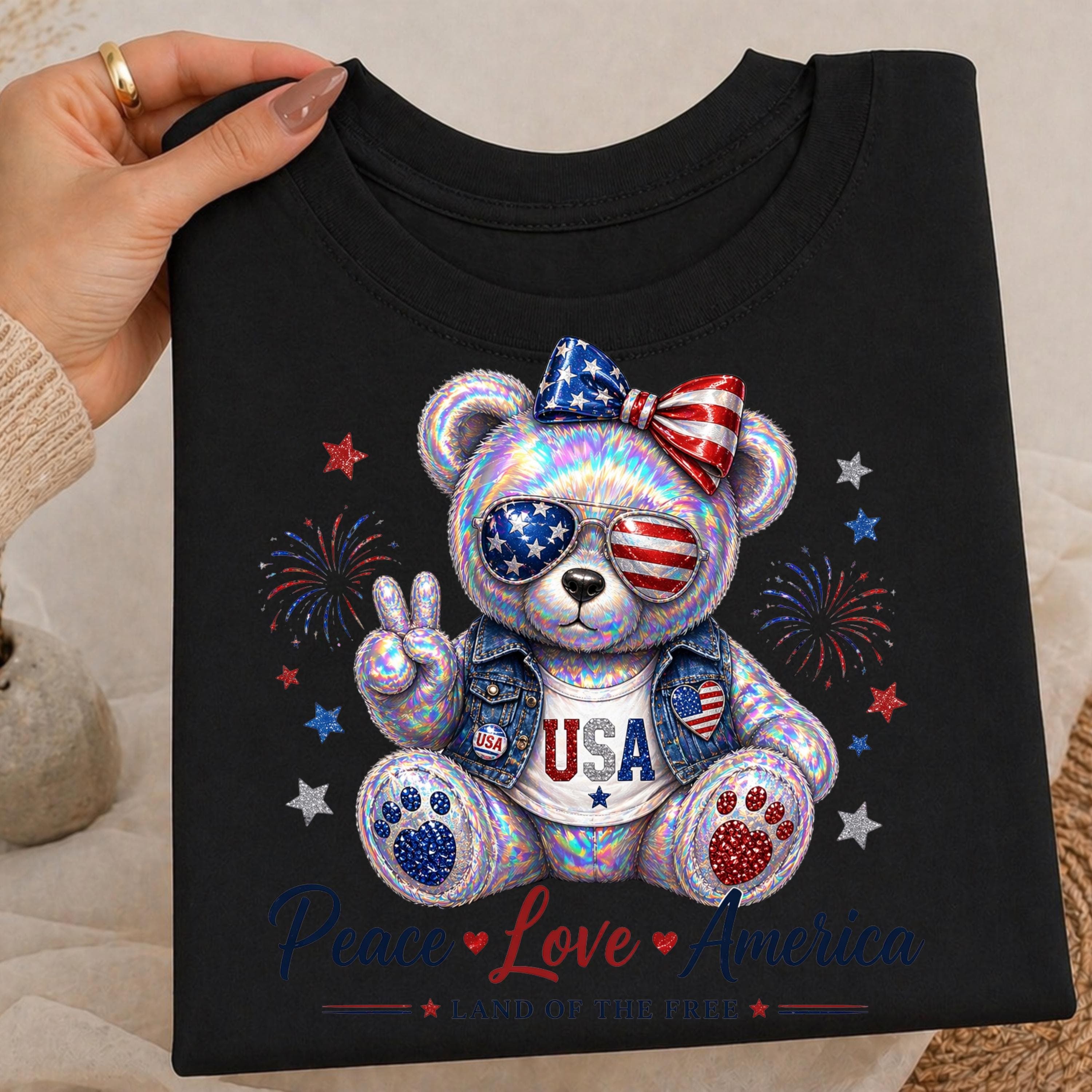 Holographic Teddy Bear PNG, Peace Love America Iridescent Design (Digital Download) - image 5