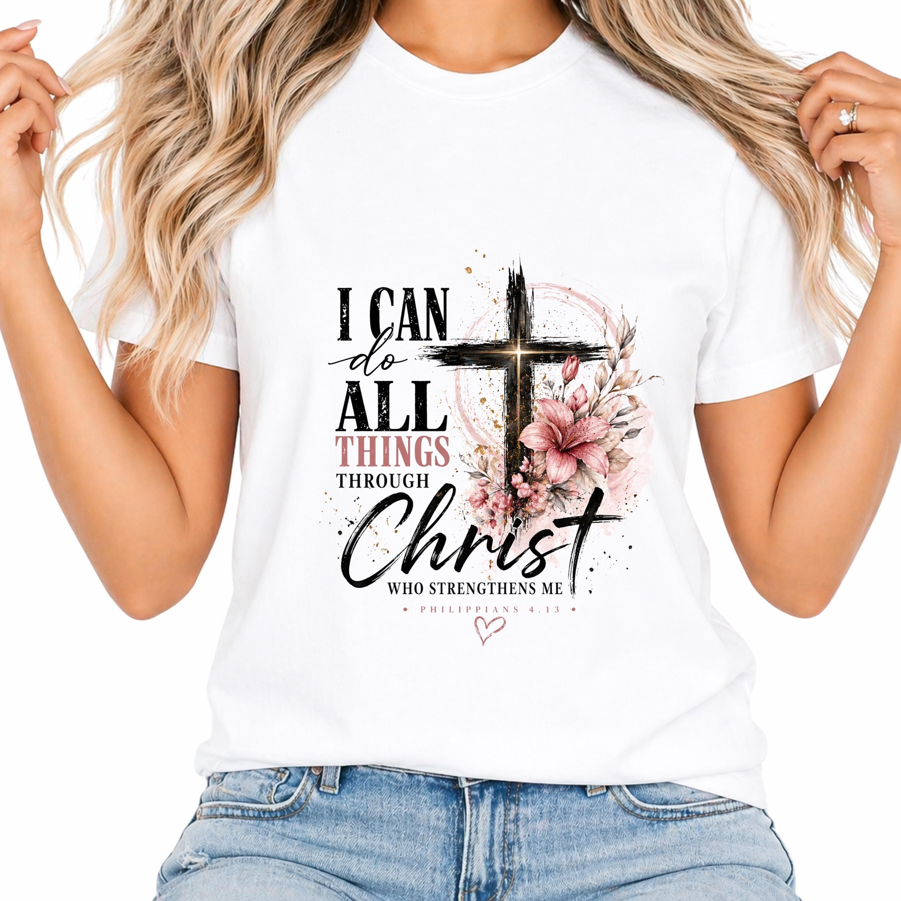 Floral Cross PNG – Philippians 4:13 Bible Verse Sublimation Design (Digital Download) t-shirt - image 3