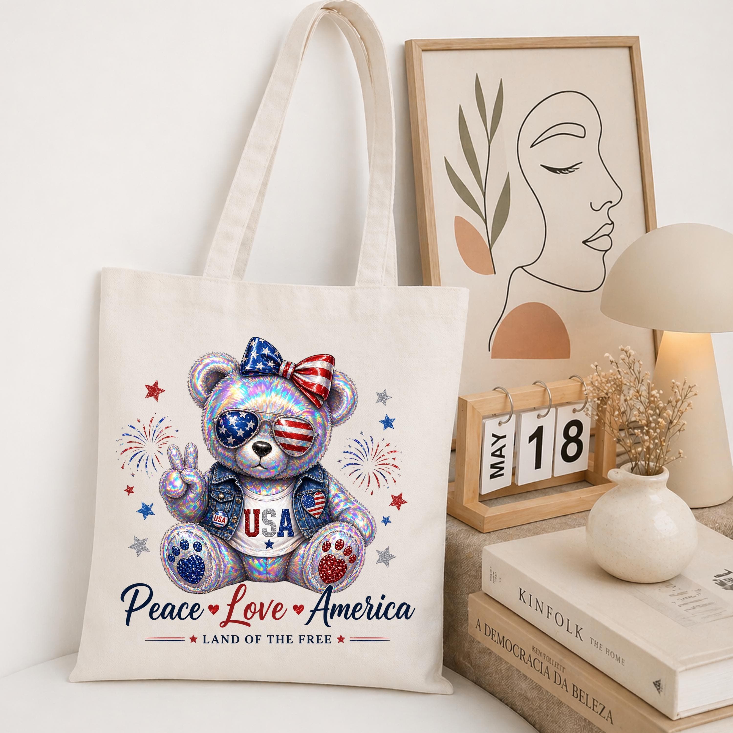 Holographic Teddy Bear PNG, Peace Love America Iridescent Design (Digital Download) - image 4