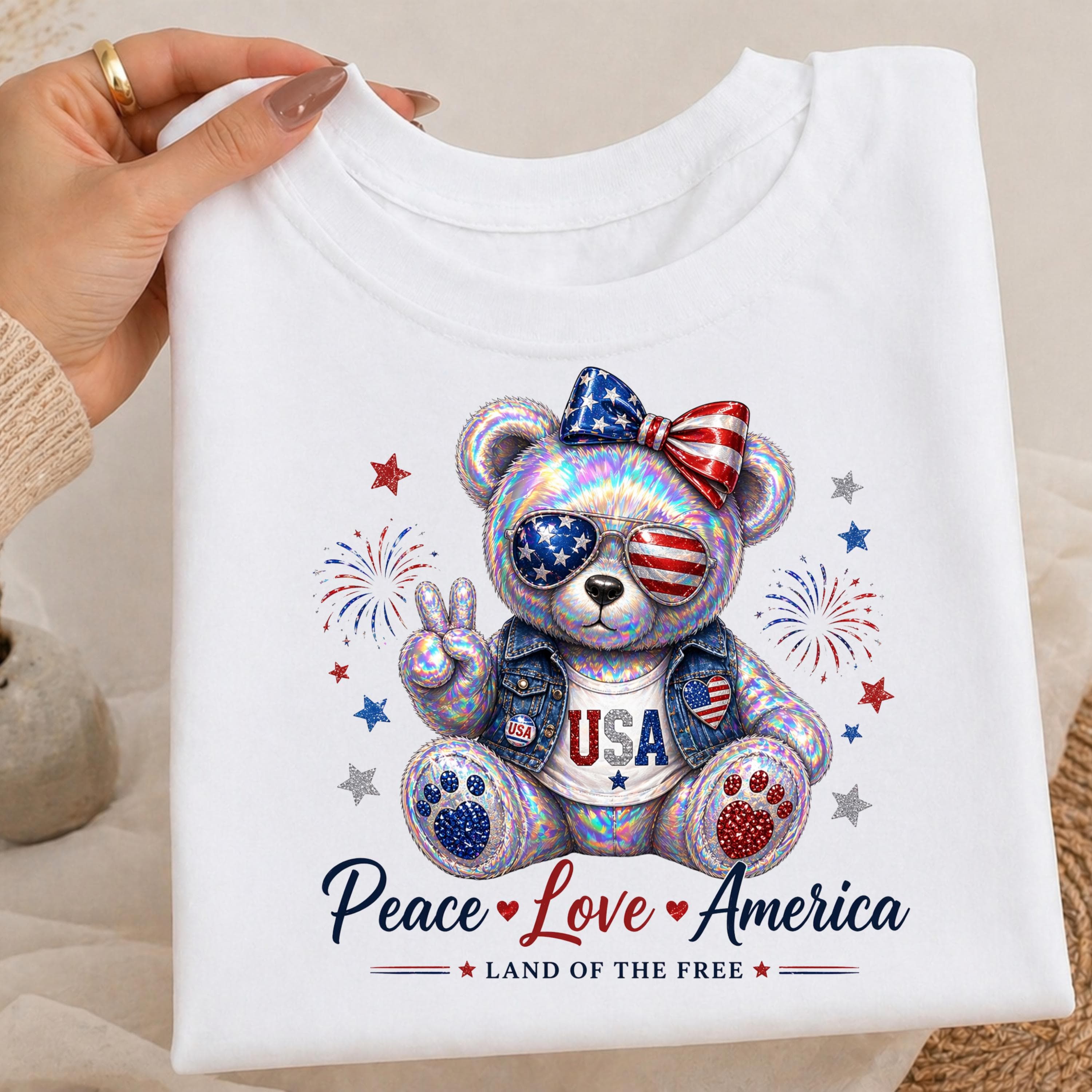 Holographic Teddy Bear PNG, Peace Love America Iridescent Design (Digital Download) - image 3