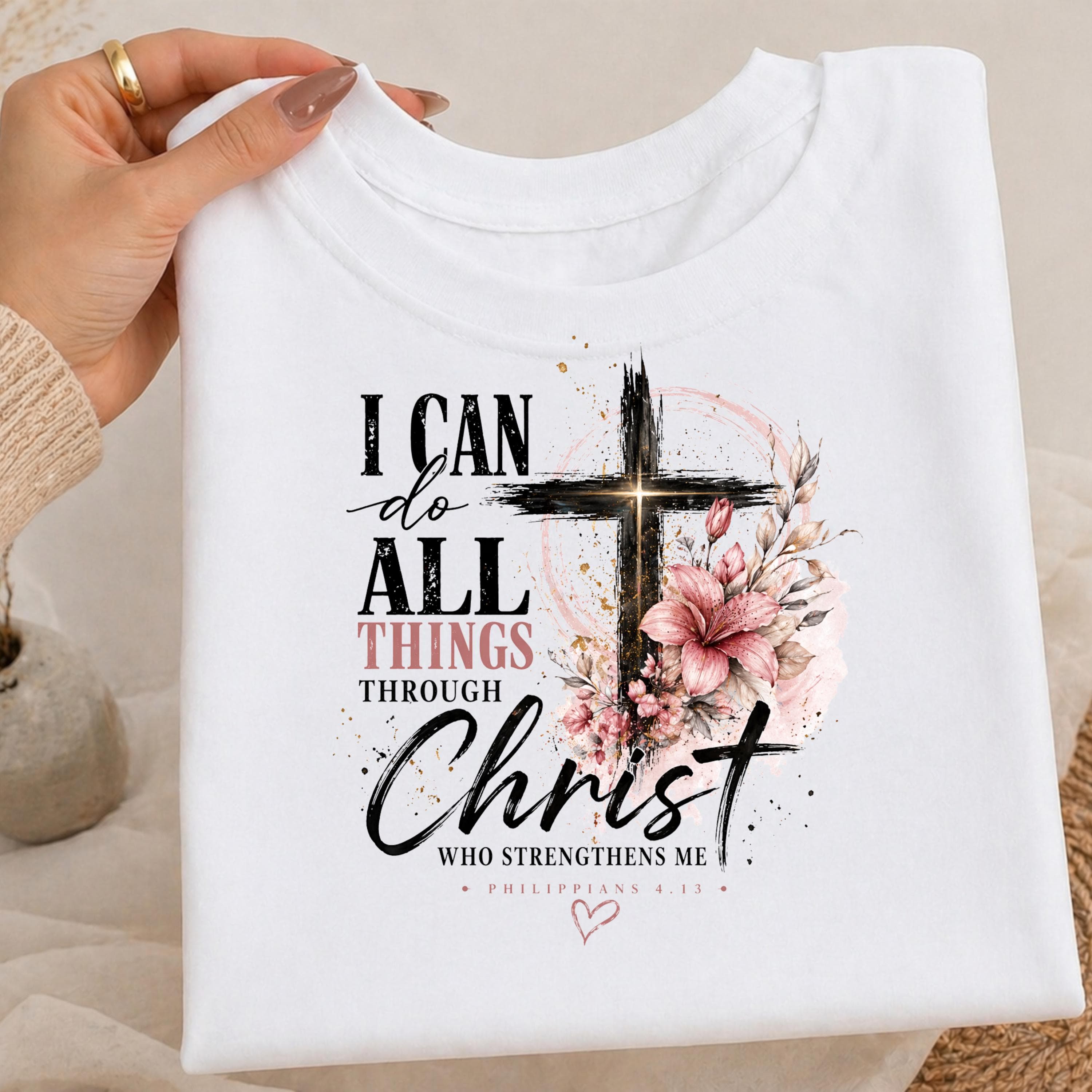 Floral Cross PNG – Philippians 4:13 Bible Verse Sublimation Design (Digital Download) t-shirt