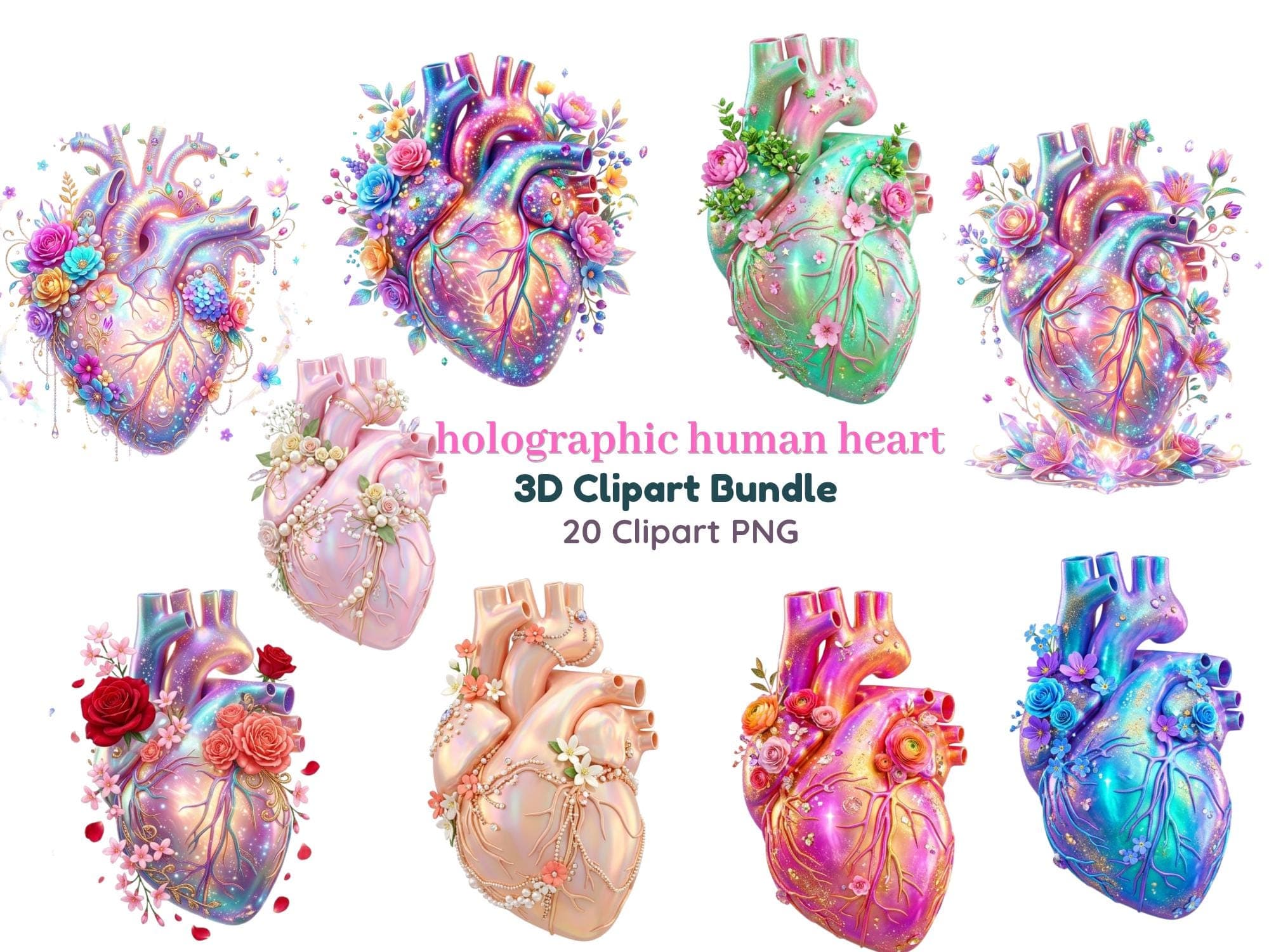 20 Design Anatomical Heart Bundle, Gothic Heart Clipart, Transparent PNG Download holographic iridescent