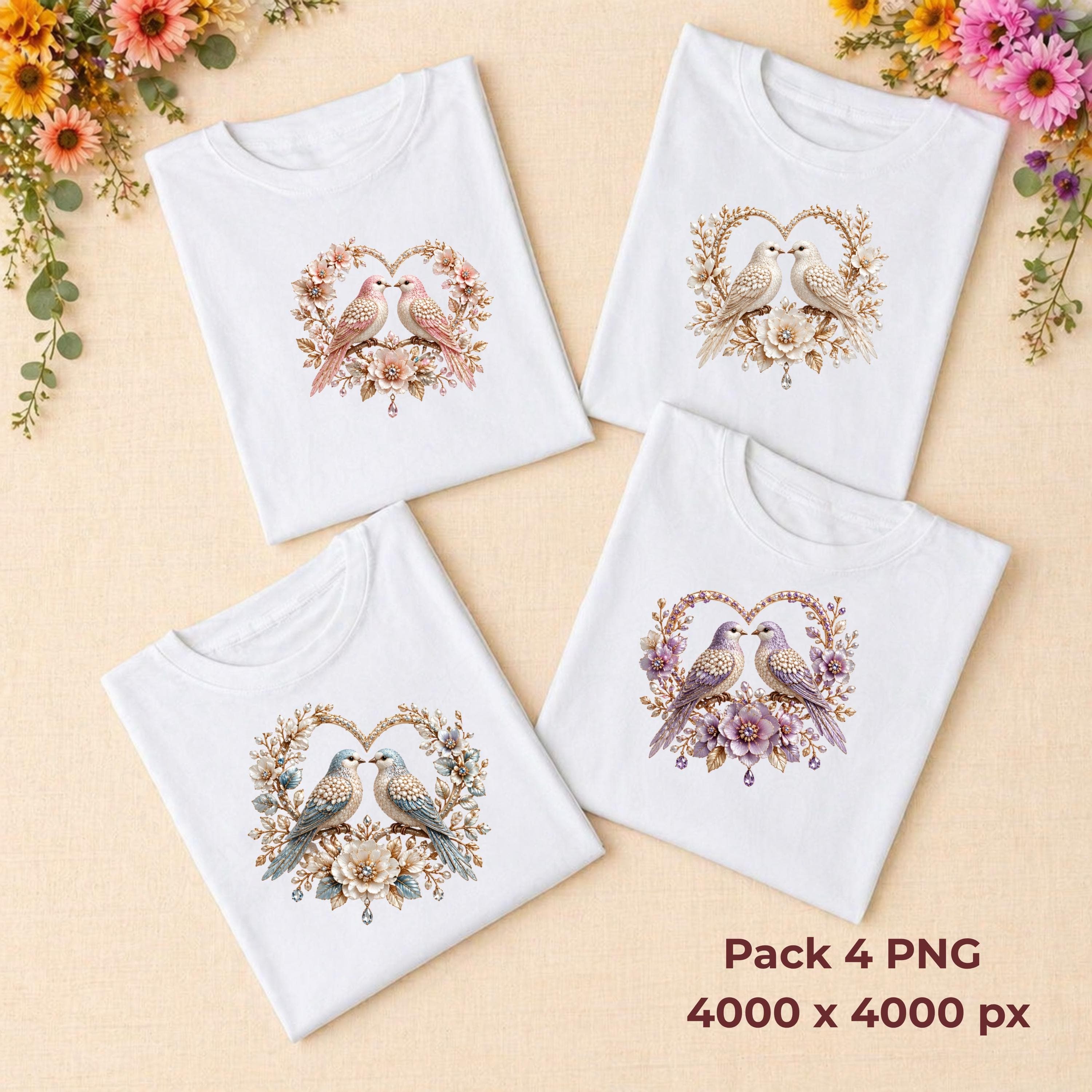 4 Design Love Birds PNG Pack – Shimmering Gemstone Clipart (Digital Download)