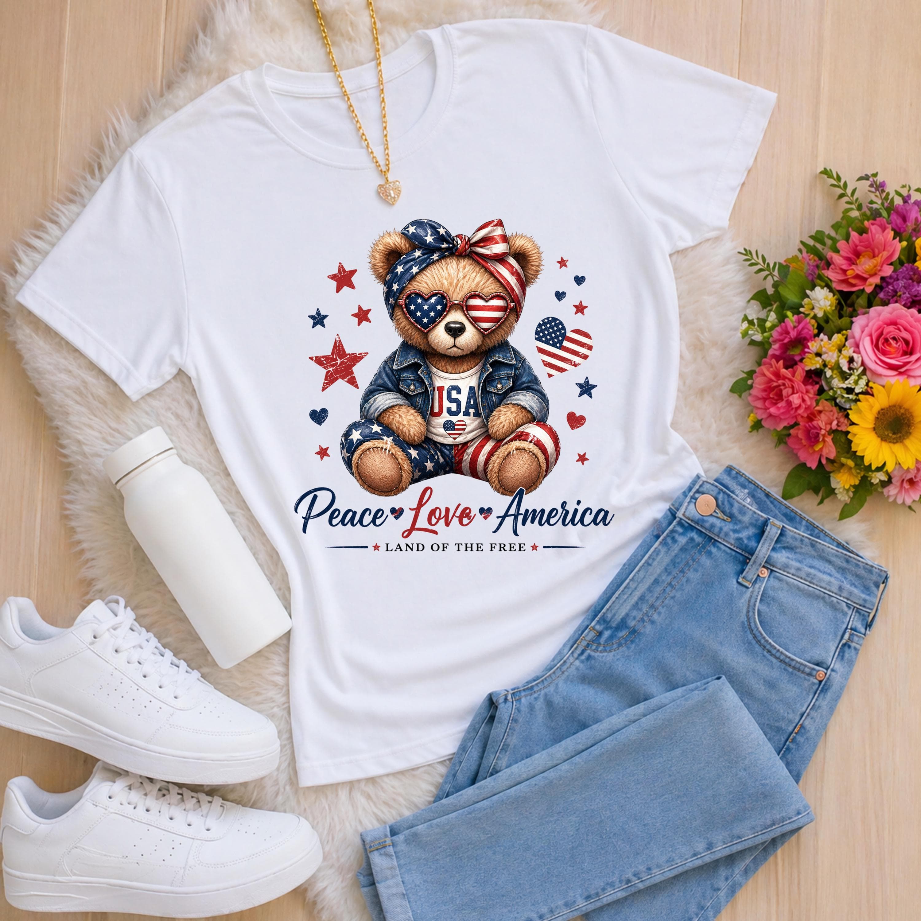 Patriotic Teddy Bear USA PNG, Peace Love America Shirt Design (Digital Download) - image 4