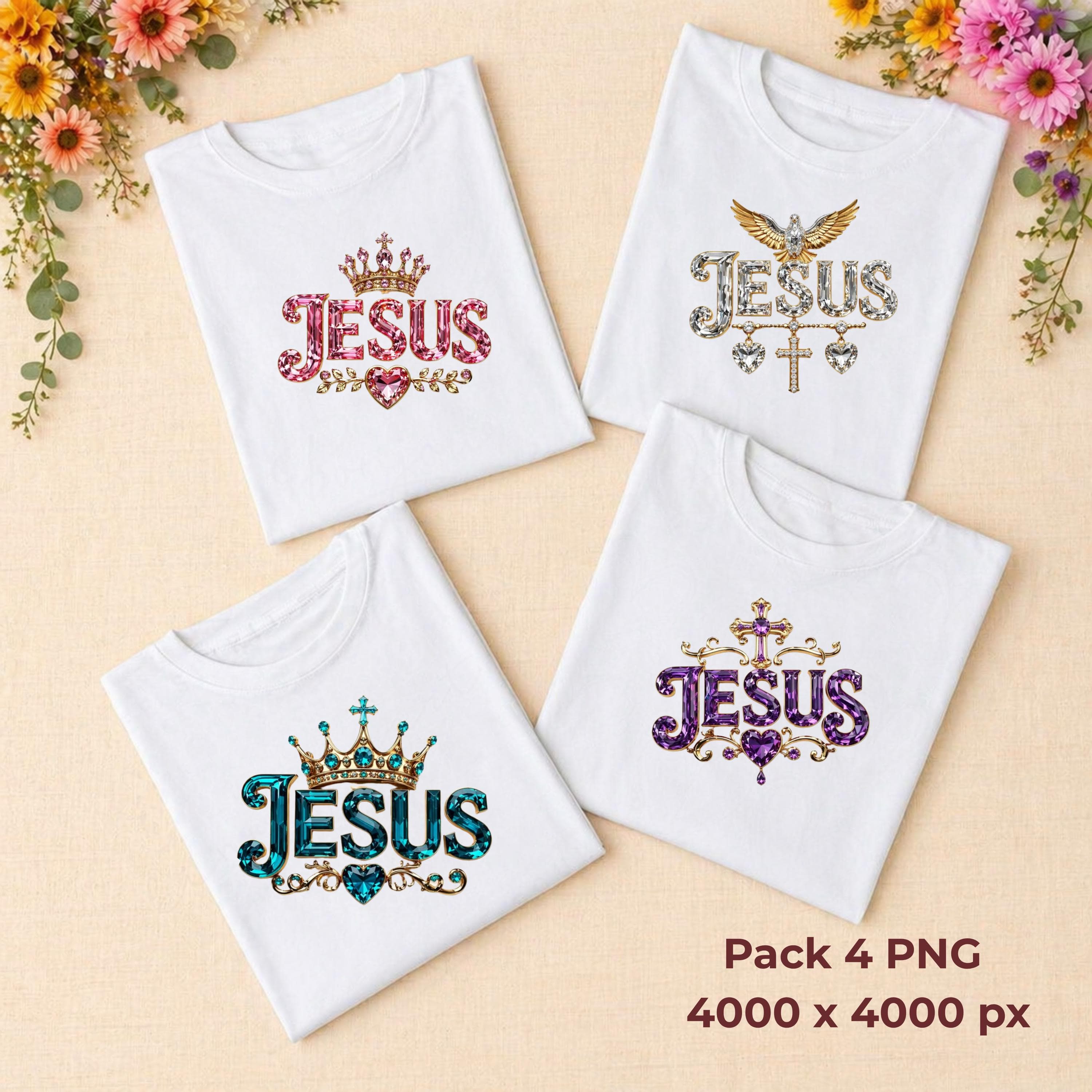 Design Faux Rhinestone Jesus 4 PNG Pack – Bling Christian Sublimation Art (Digital Download) t-shirt