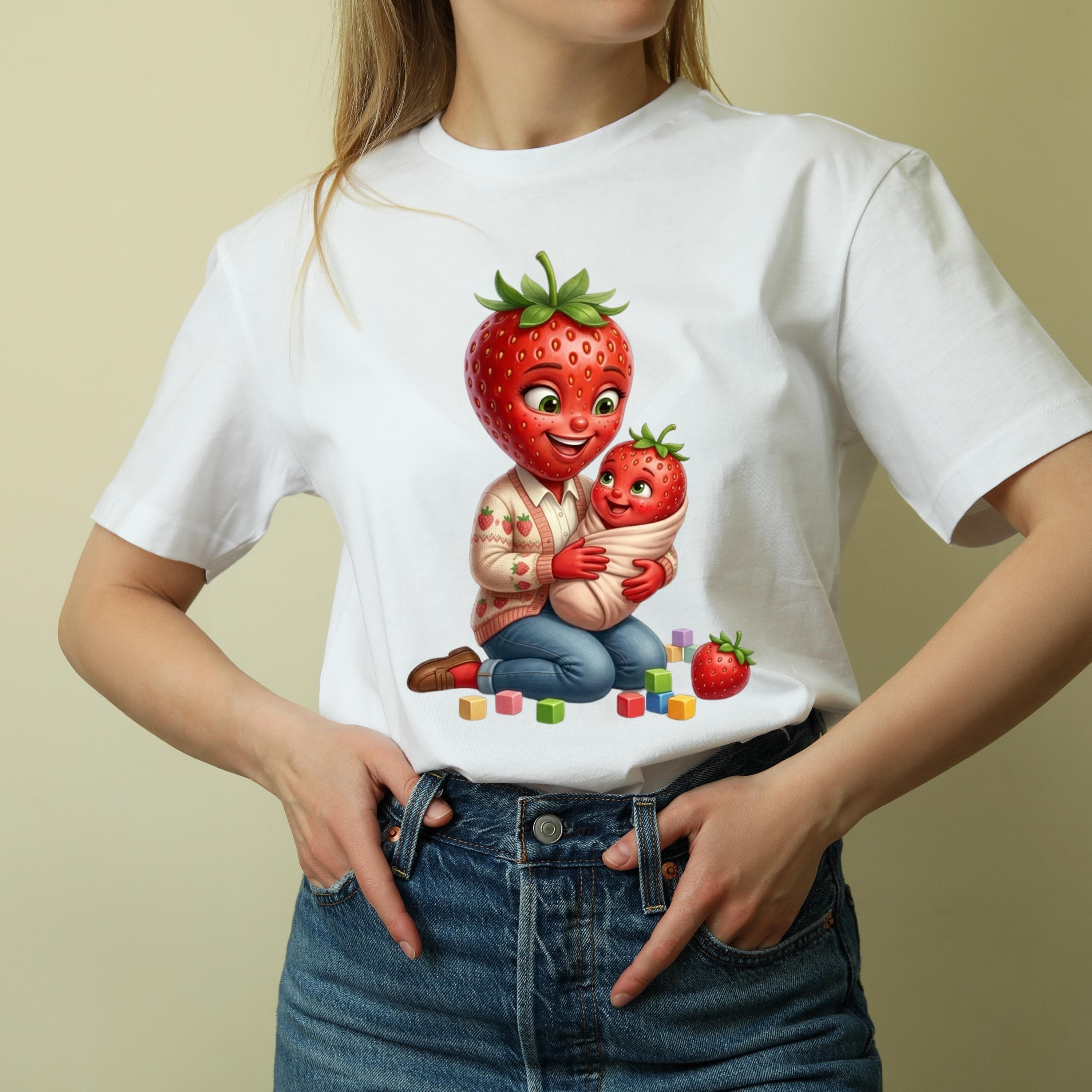 Strawberry Mom Baby PNG, Kawaii Fruit Sublimation Design, Mother Child T-shirt Print (Digital Download) - image 5