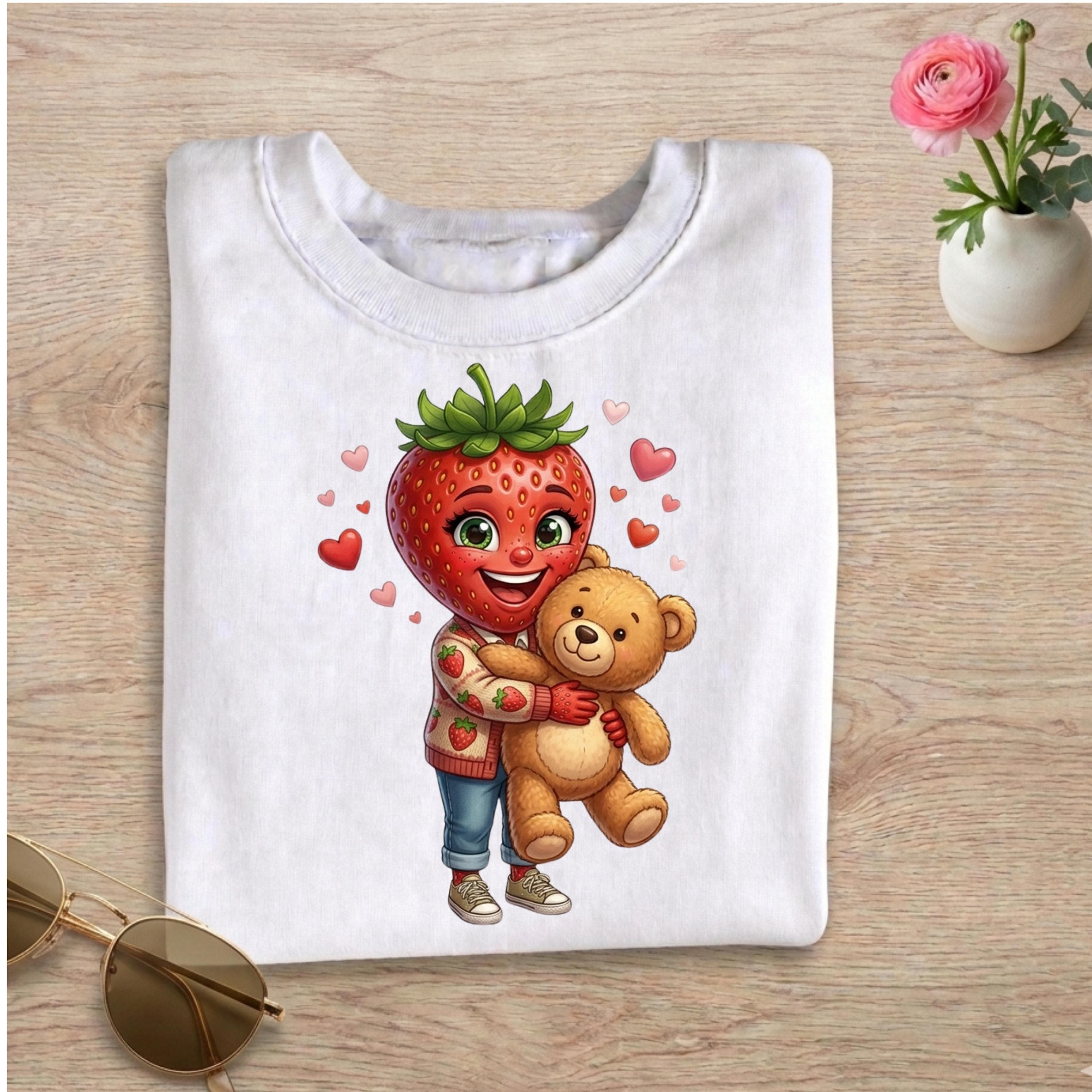 Strawberry Teddy Bear Hug PNG, Kawaii Fruit Plush Toy Sublimation Design (Digital Download)