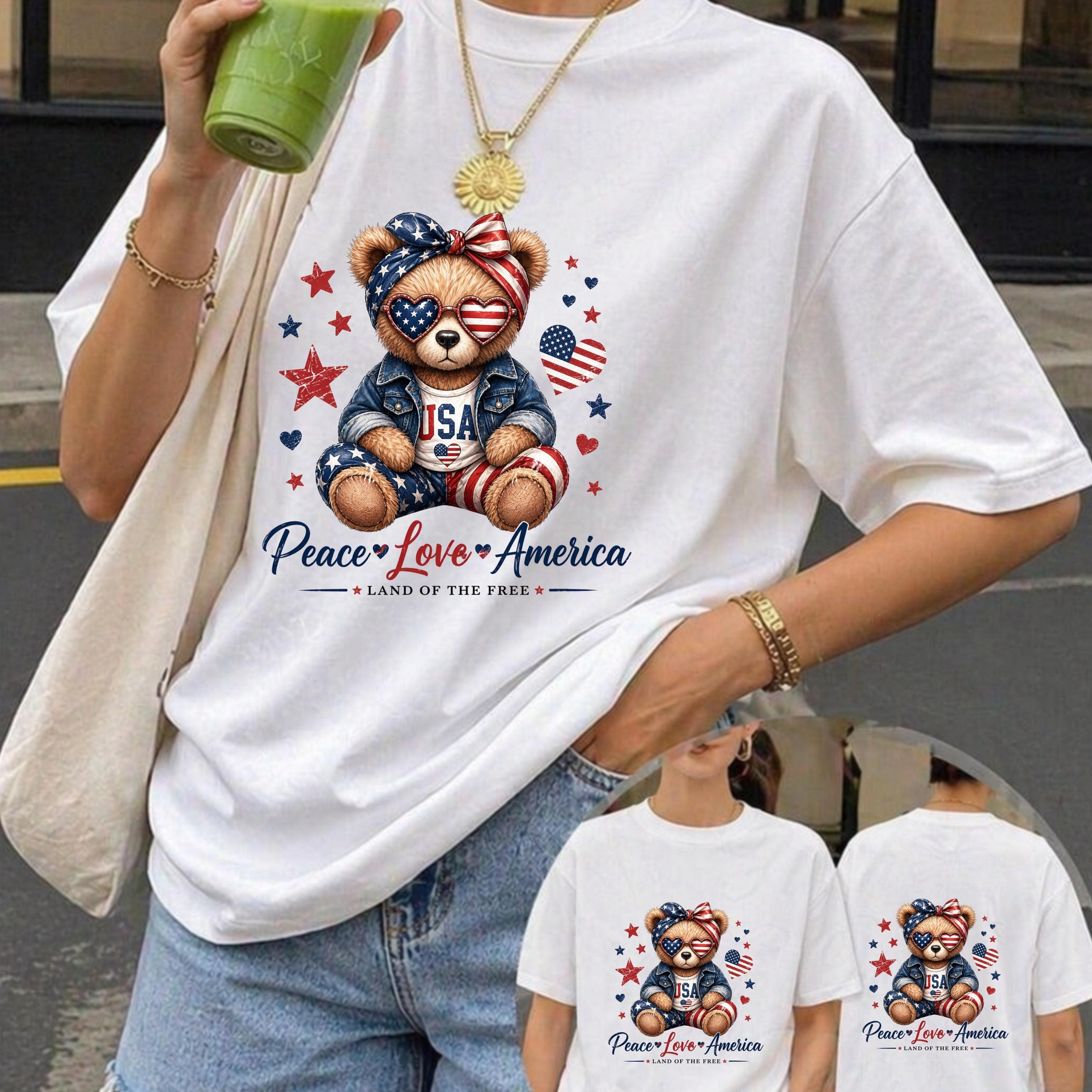 Patriotic Teddy Bear USA PNG, Peace Love America Shirt Design (Digital Download)