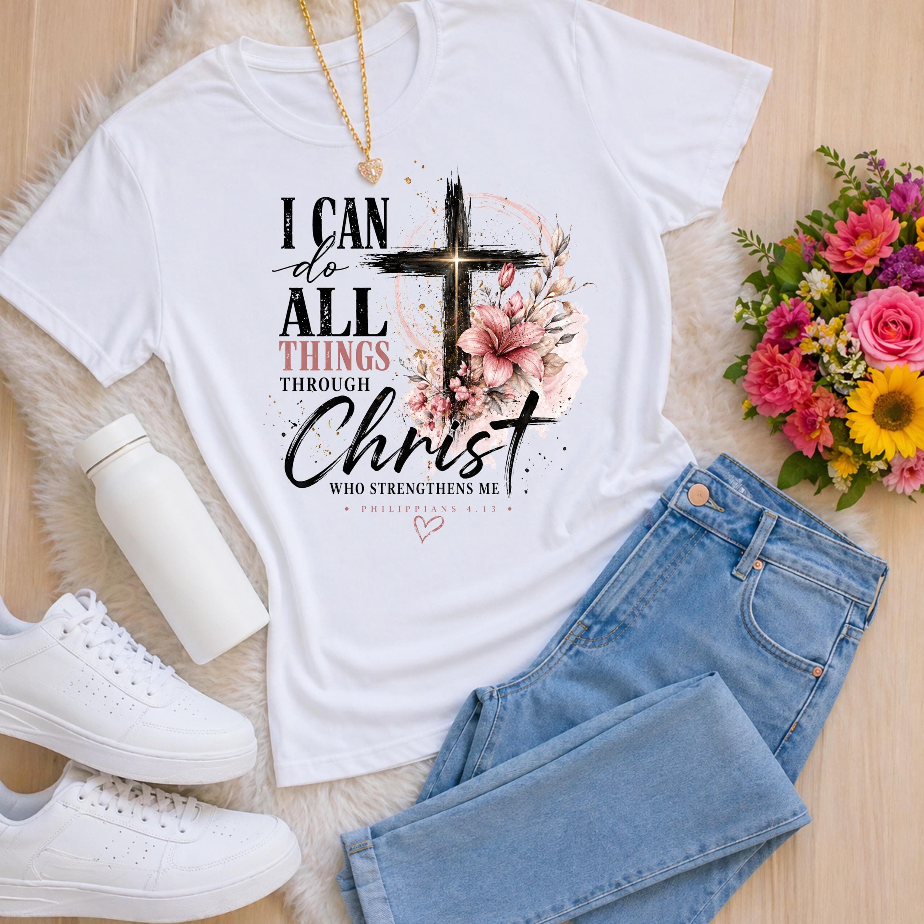 Floral Cross PNG – Philippians 4:13 Bible Verse Sublimation Design (Digital Download) t-shirt - image 5