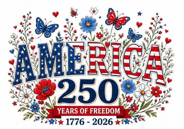 USA 250th Anniversary Floral Patriotic Design PNG July 4th, 2026