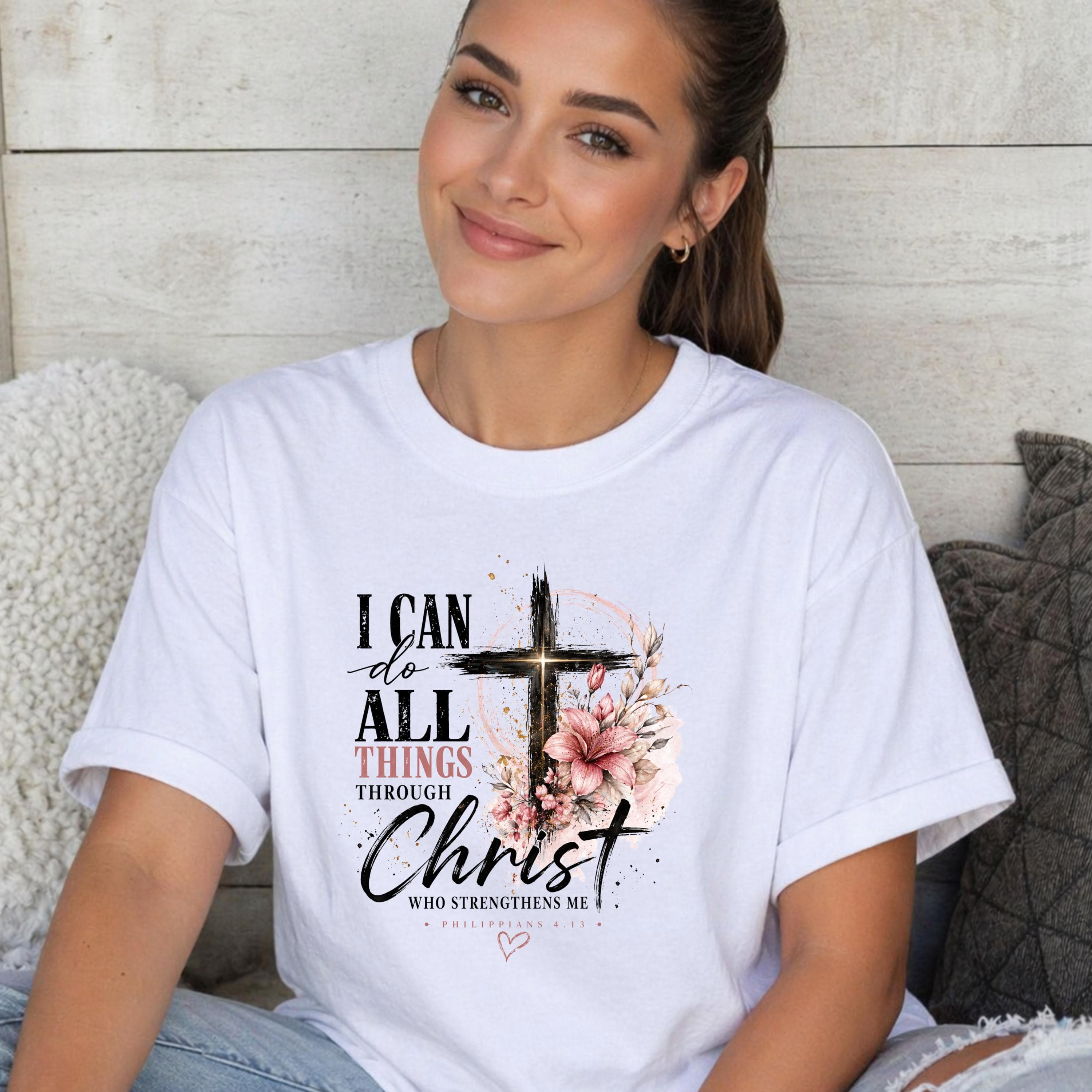Floral Cross PNG – Philippians 4:13 Bible Verse Sublimation Design (Digital Download) t-shirt - image 4